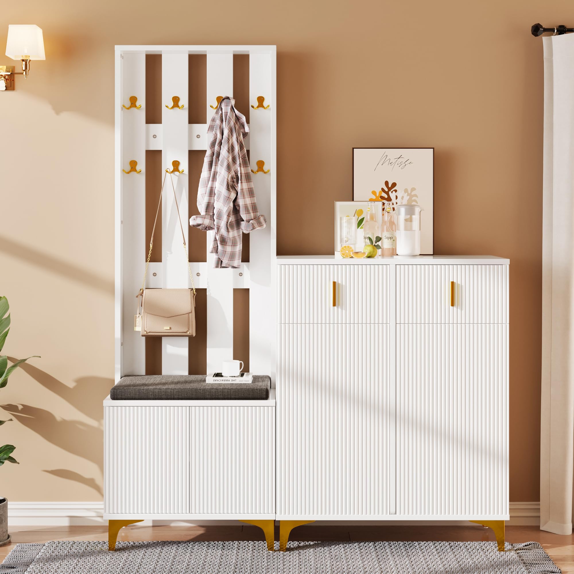 Garderobenset Wandgarderobe mit Schuhbank und Kissen, Schuhschrank Flurgarderobe, Kompaktgarderobe 143,2x180,5x35,2cm Weiß