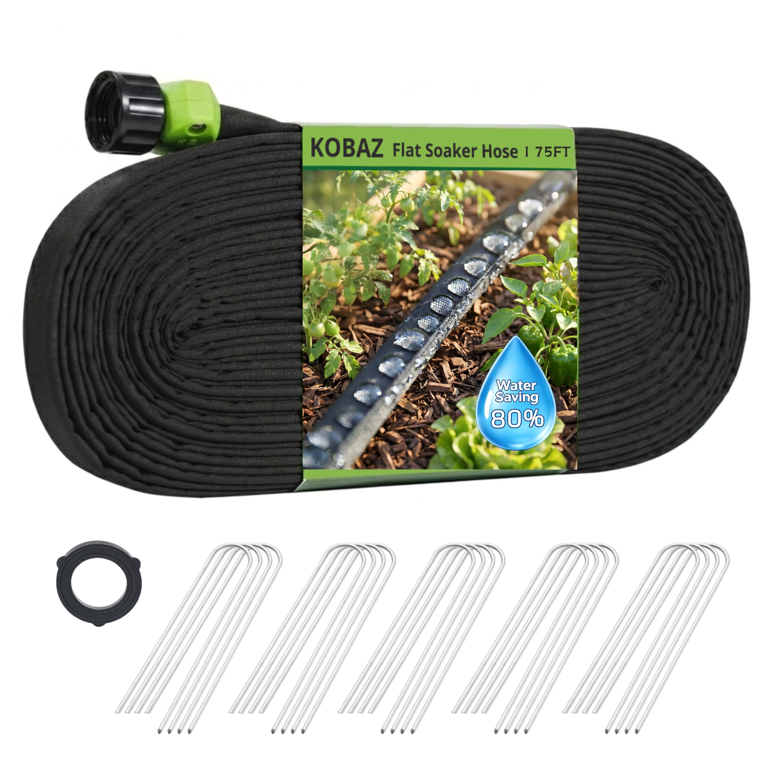 KOBAZ Flat Soaker Hose 75FT, Drip Hose for Gardening, Soaker Irrigation System for Garden Beds, Lawn, Plants and Foundation Watering, Save 80% Water
