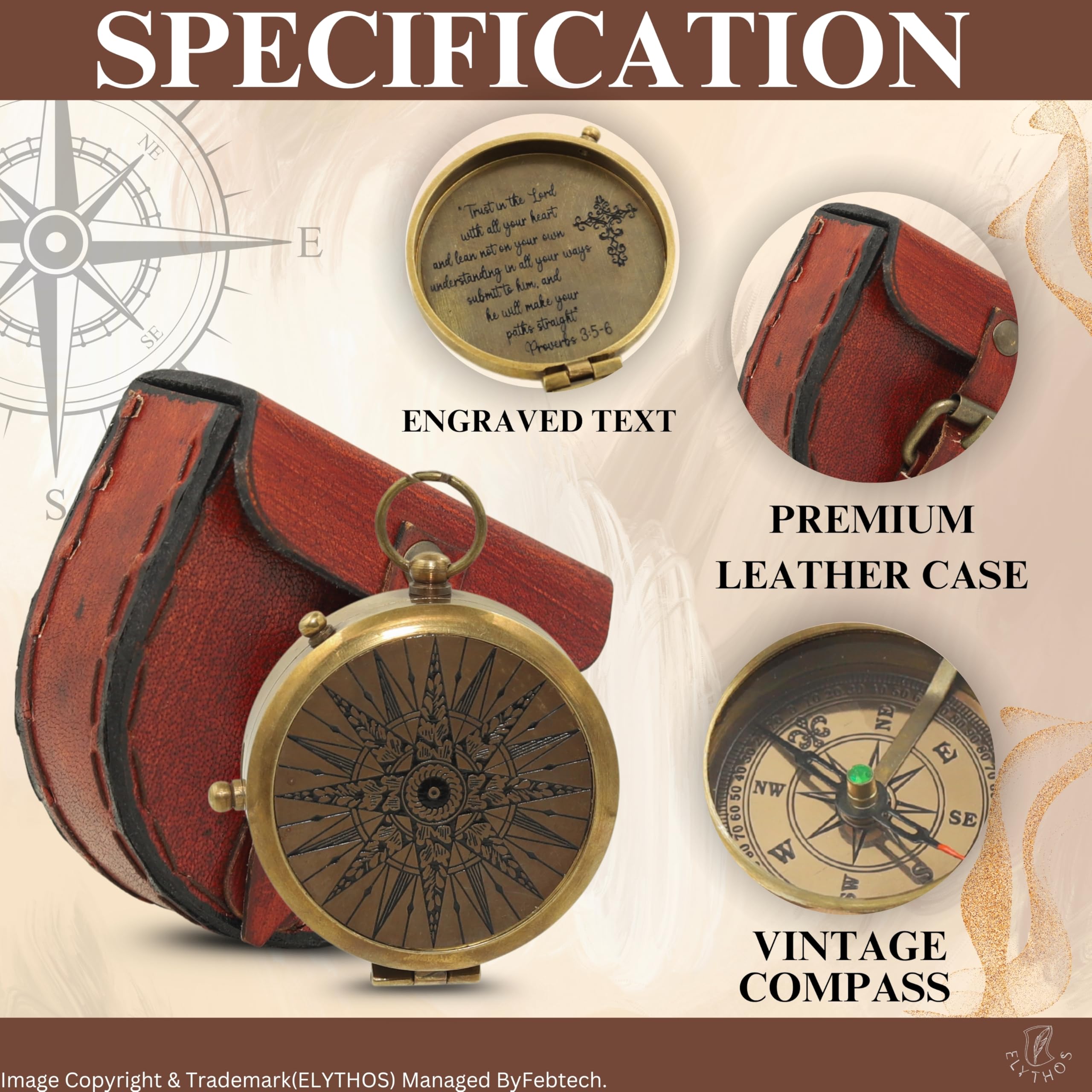 Brújula de latón antiguo con funda de cuero Trust in The Lord Compass - Pastor, bautizo, confirmación, primera comunión, aniversario, regalo de jubilación para adolescentes, hijos, hombres, esposos