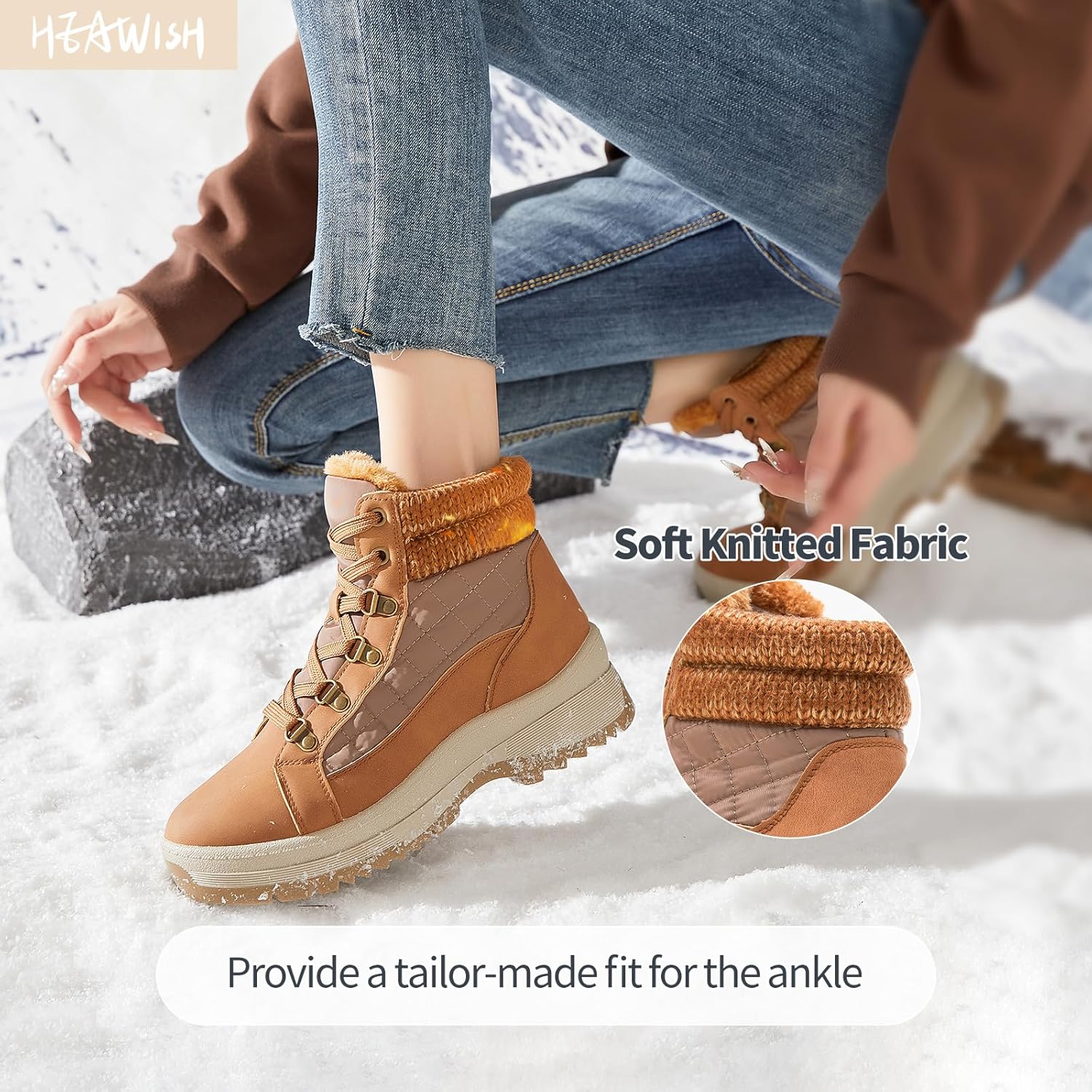 HEAWISH Womens Winter Boots,Brown Non Slip Combat Boots,Warm Fur Lined comfortable Snow Ankle Boot For Women - Image 6