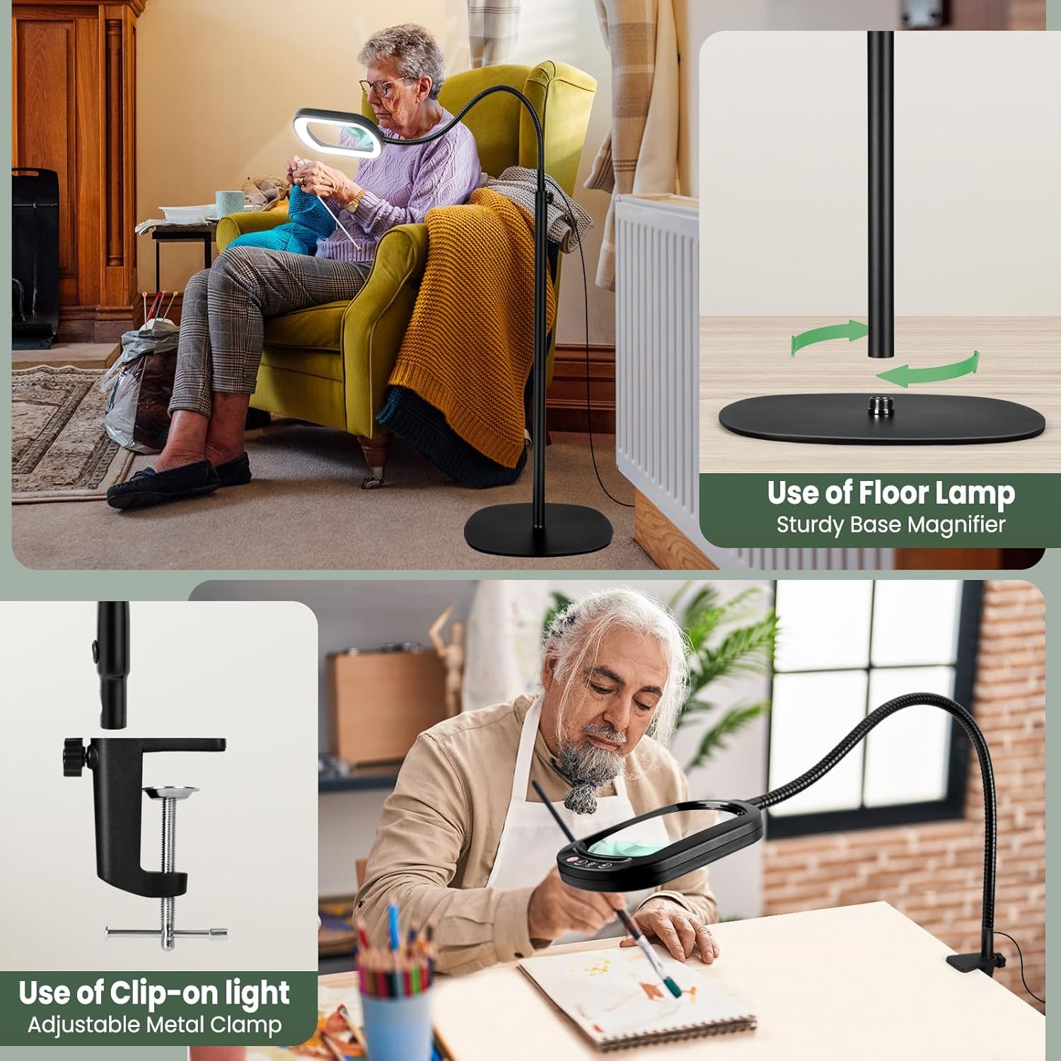 10X Magnifying Glass with Light and Stand, Rectangular Real Glass Lens, 5 Color Modes, Stepless Dimmable, 24" Flexible Gooseneck 3-in-1 Floor Lamp, Lighted Magnifier Hands Free for Craft Hobby Reading - Image 5