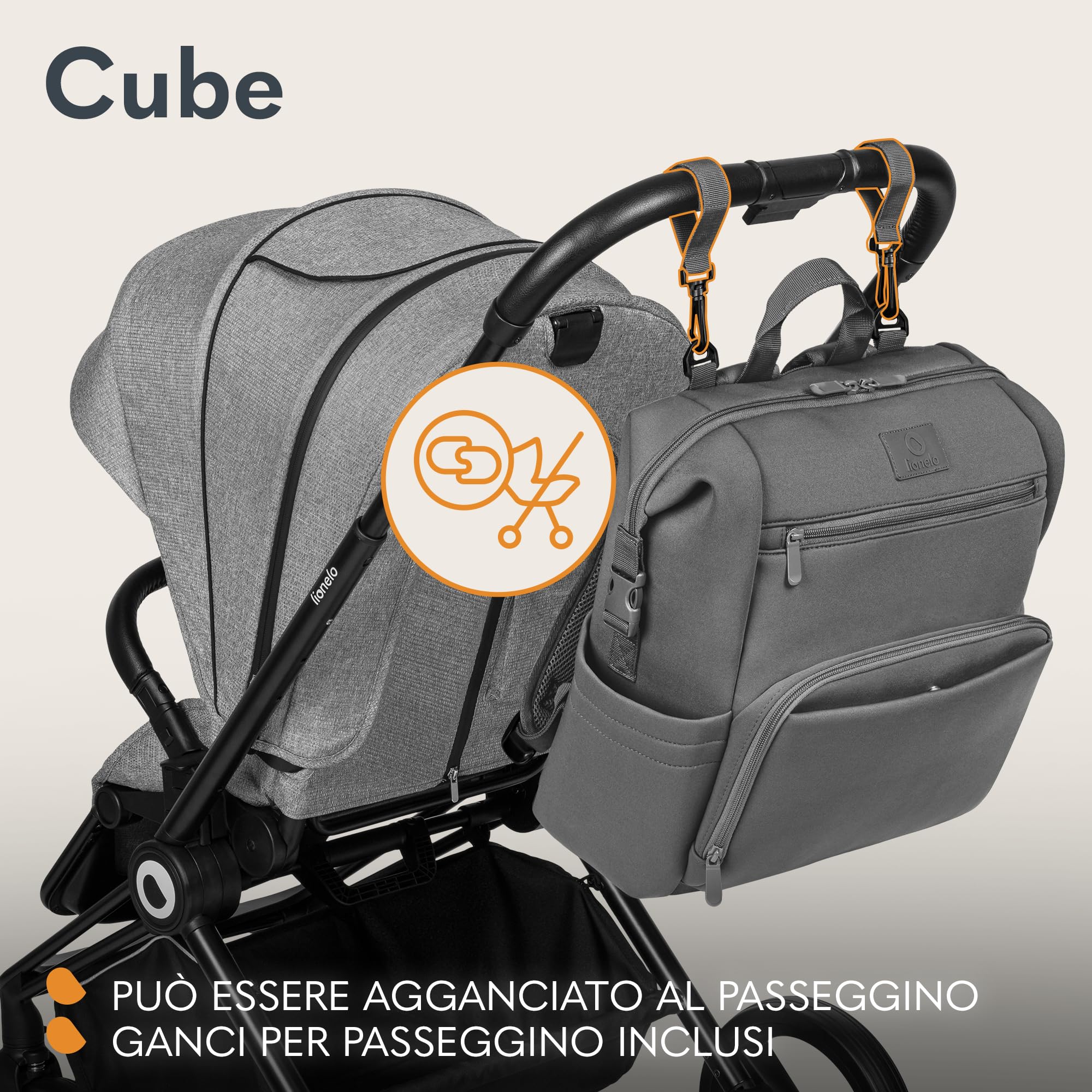 lionelo Cube zaino da città, leggero per passeggiate e viaggi con bambino, multifuntzione 12 tasche, Resistente, Impermeabile, Tasca termica, Agganciabile al passeggino, Fasciatoio, 36x36x23cm
