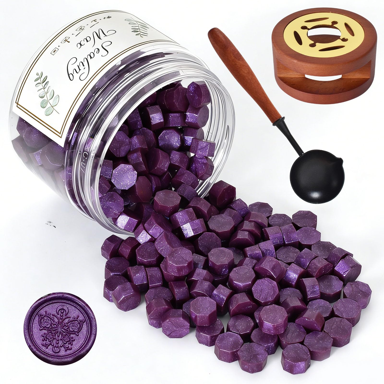 Sealing Wax Beads Set, Metallic Wax Seal Beads, 200 PCS Octagon Sealing Wax with Warmer and Spoon, DIY for Sealing Stamps, Letters, Envelopes (Deep Purple)