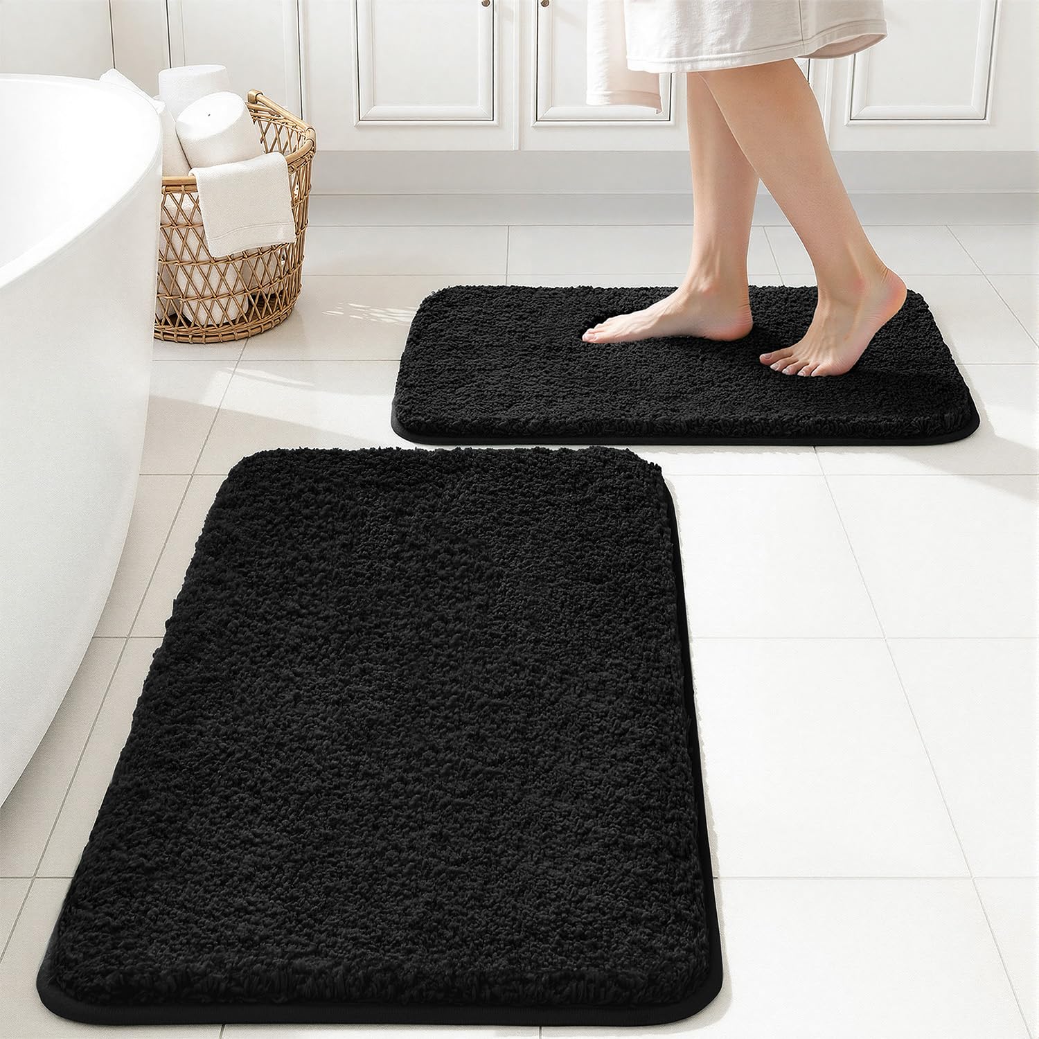 MIULEE Black Bathroom Rugs Set 2 Piece, Soft Absorbent Microfiber Bath Mat Set, Non Slip Quick Dry Machine Washable Plush Shaggy Bath Rugs for