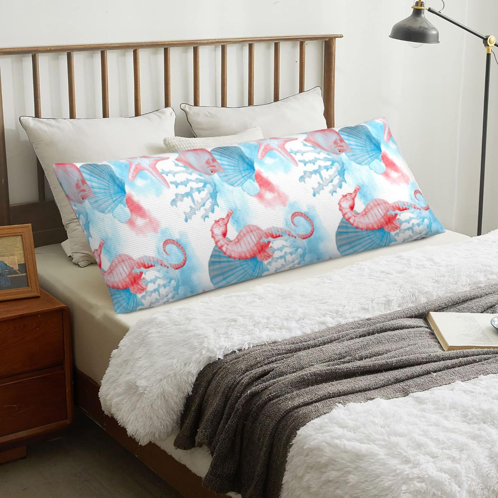 Watercolor Shells Sea Horse Fish, Body Pillow Cover with Zipper,Long Body Pillowcase 20 x 60 in