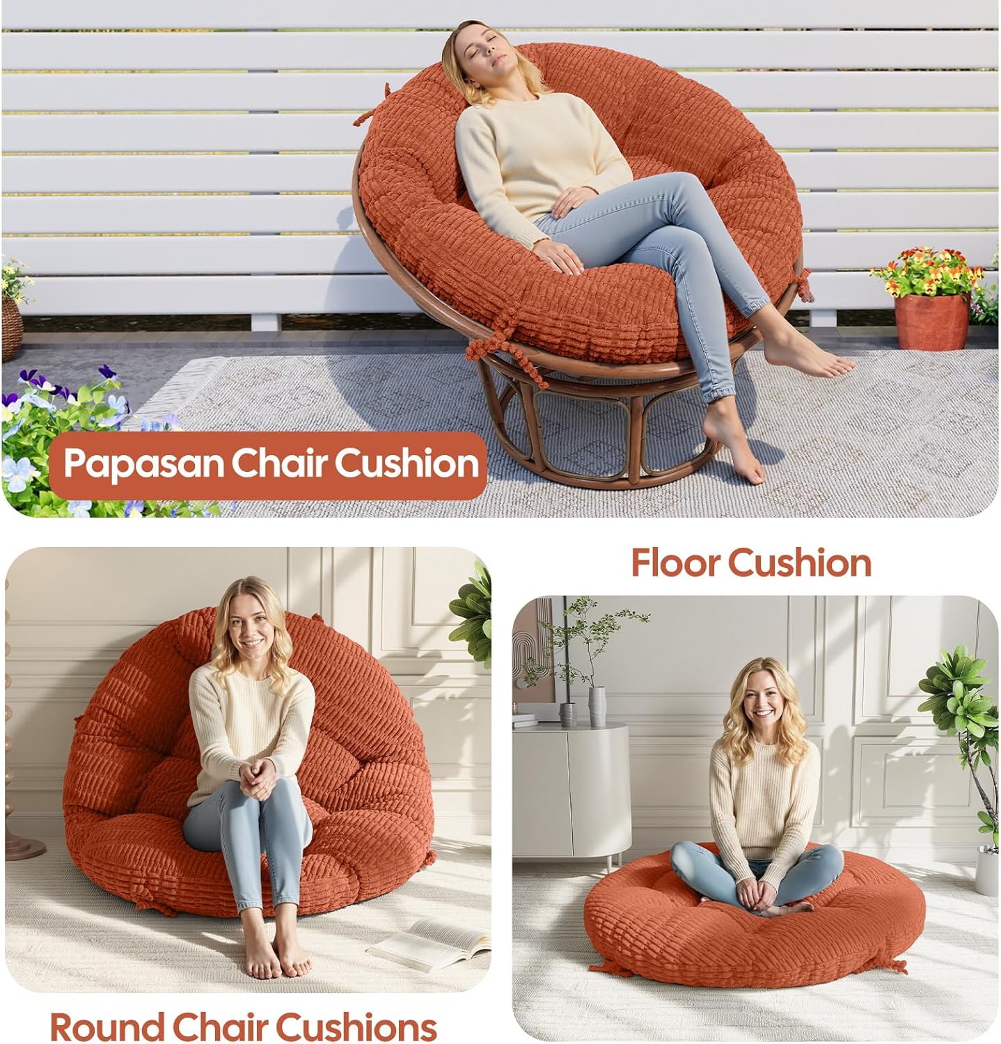 idee-home Papasan Chair Cushion, Circle Papasan Cushion Soft Corduroy (Without Chair) Replacement Indoor& Outdoor for Egg Bowl Chair, 48 X 48 Inch, Orange