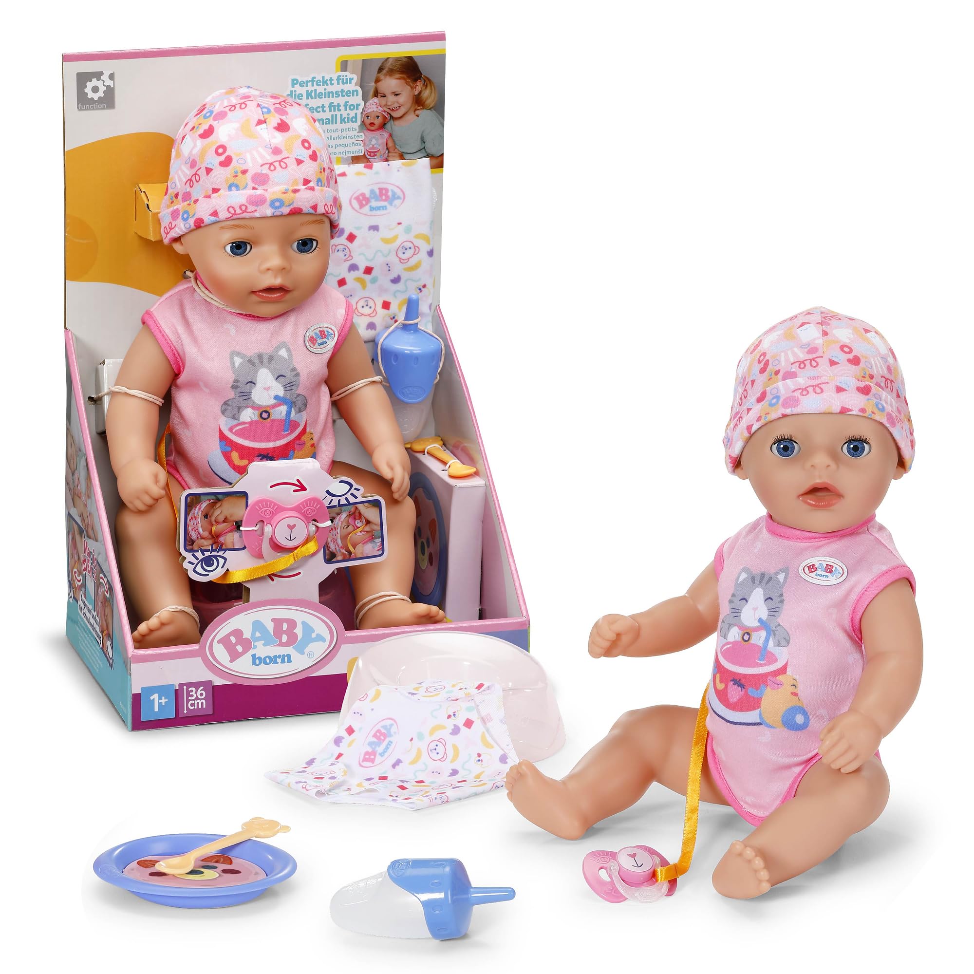BABY born Lena in pink romper, 36 cm tall doll with 7 functions for children from 1 year old, works without battery