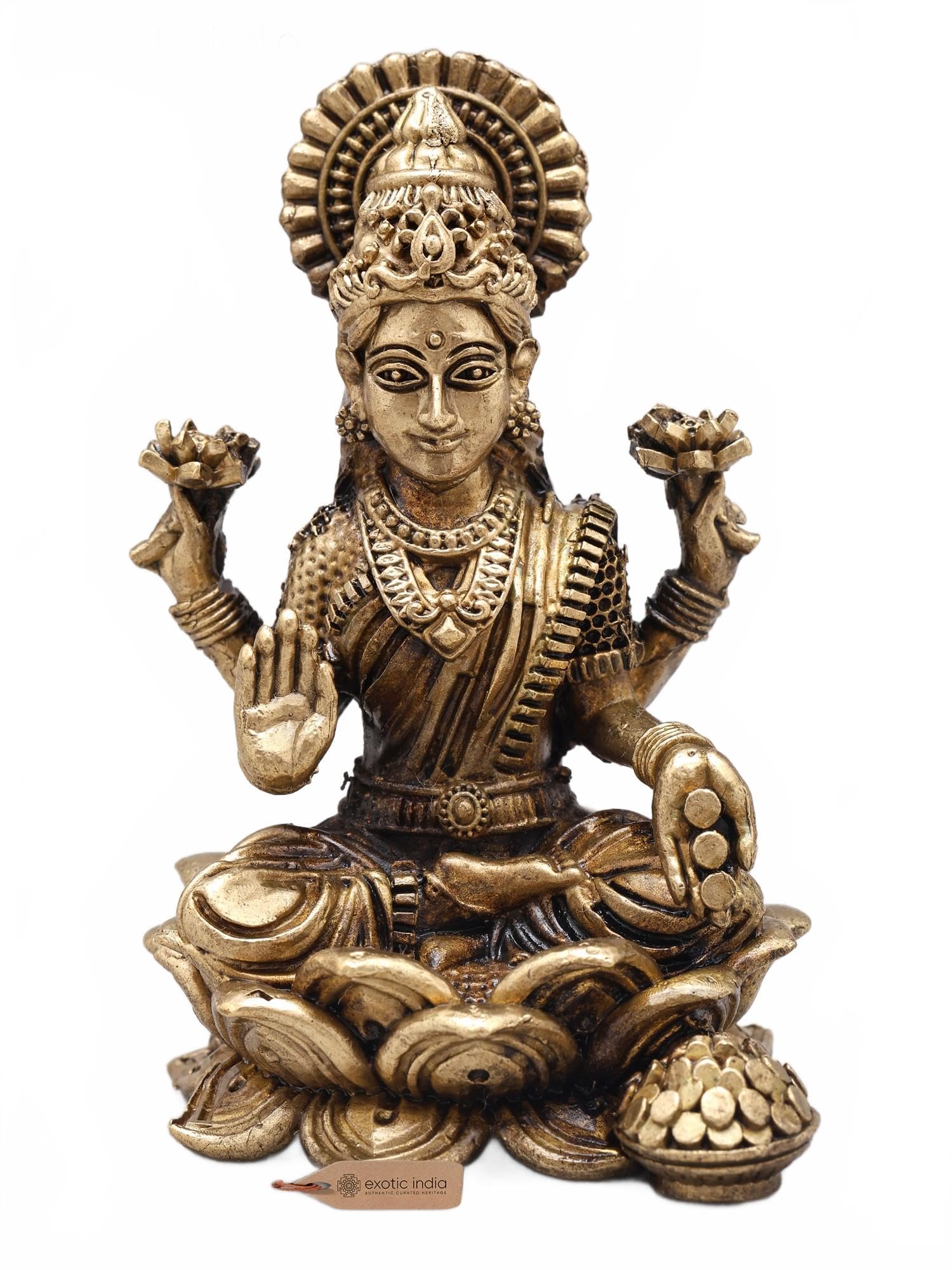 Exotic India Small Superfine Dhanlakshmi on Lotus Panchadhatu Statue Goddess of Wealth, Prosperity Idol for Home and Mandir Décor