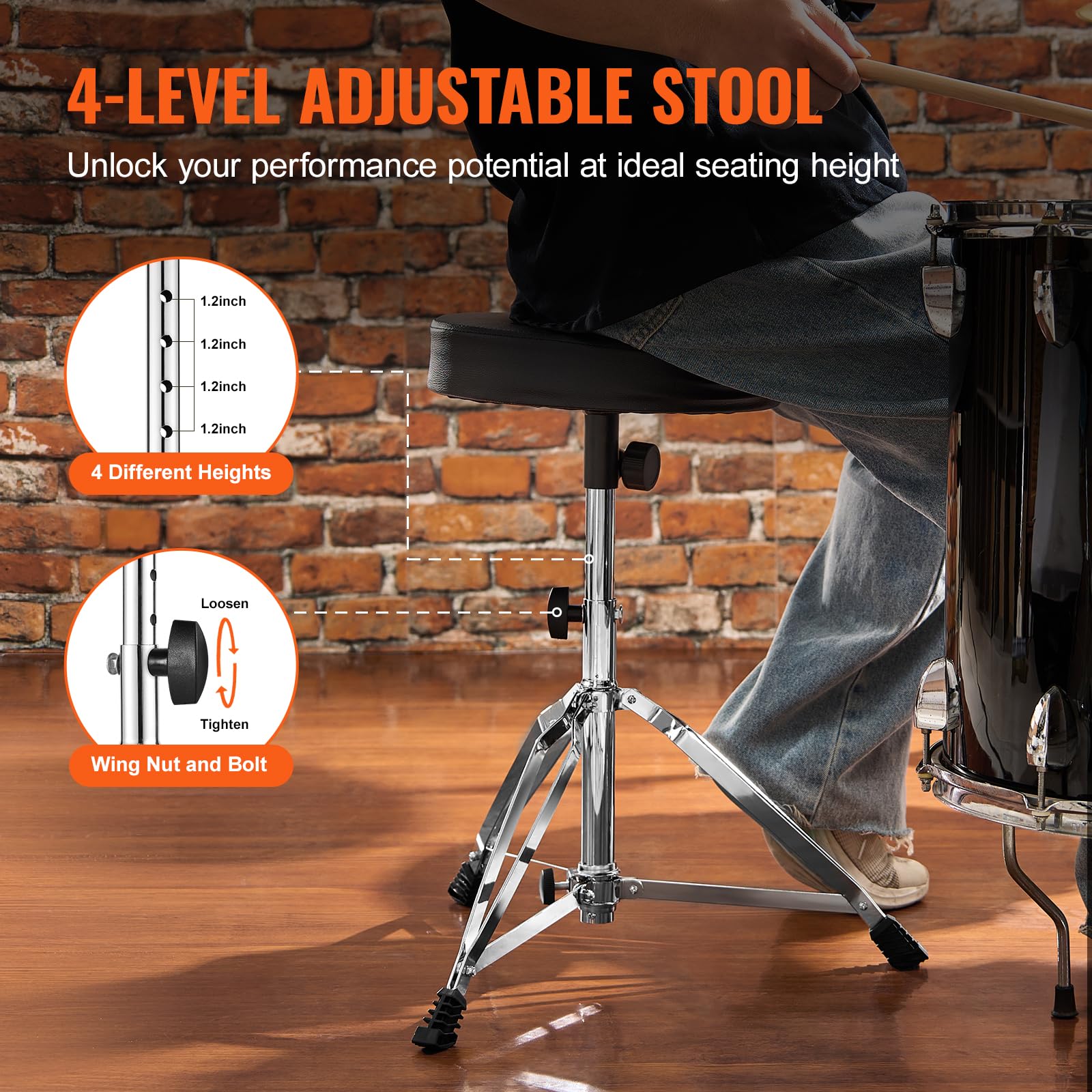 VEVOR Sgabello per Batteria, Sgabello Regolabile Sedile Imbottito Piedini Antiscivolo Bacchette 5A, Sedia per Batteria Girevole a 360° Batteristi in Altezza 490-585 mm Portata Massima Peso 150 kg