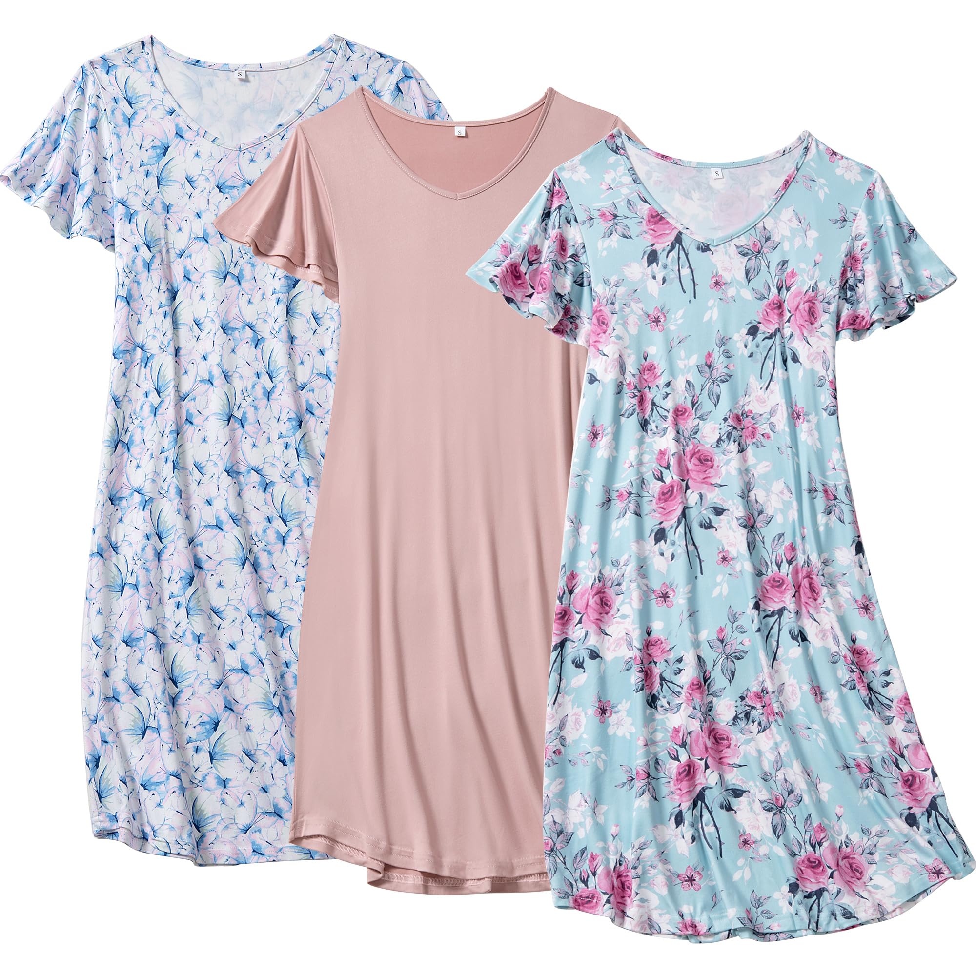 FEREMO 3 Pack Women's Nightgown Short Sleeve Sleepshirts V Neck Print Nightshirts for Women Sleepwear