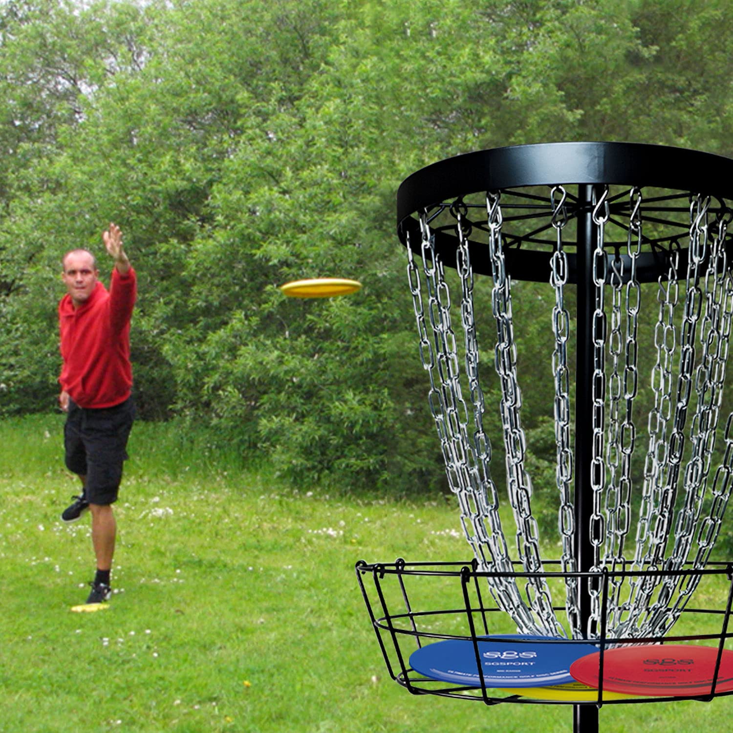 Disc Golf Basket Target - Pro 24 Ketten Tragbarer Metall Golf Torkorb mit 6 Scheiben und Tragetasche - Flying Discs Golfkörbe für Indoor & Outdoor Training Schwarz