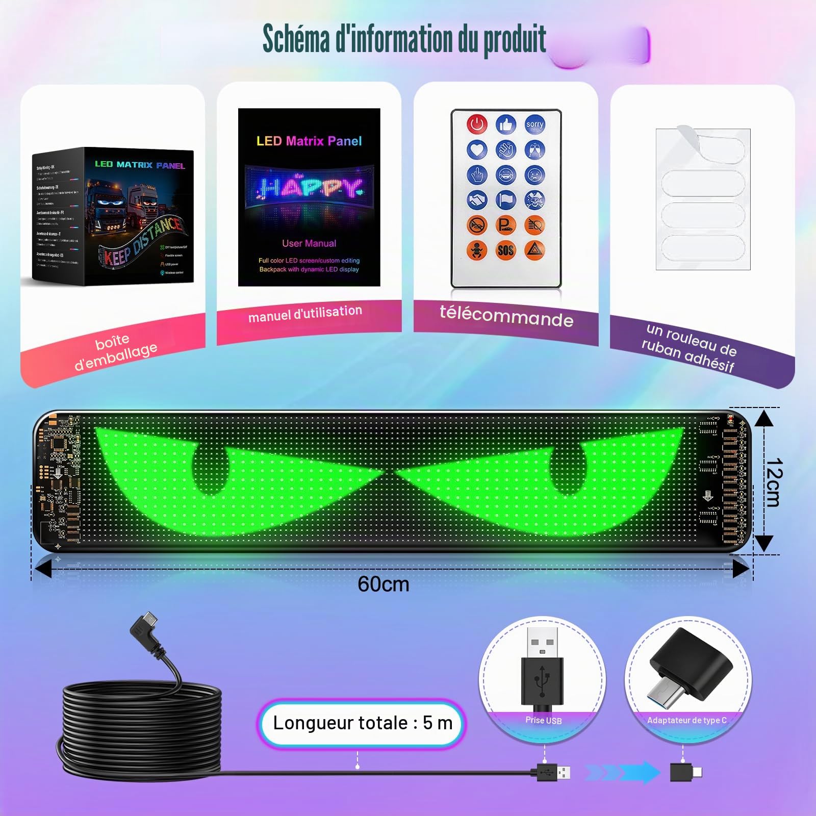 Yeux LED pour Camion et Voiture, Lampes Devil Eyes pour Auto, Affichage LED Flexible et Programmable, Écran Défilant Personnalisé pour Publicité et Signalisation (2pièces 60x12cm)