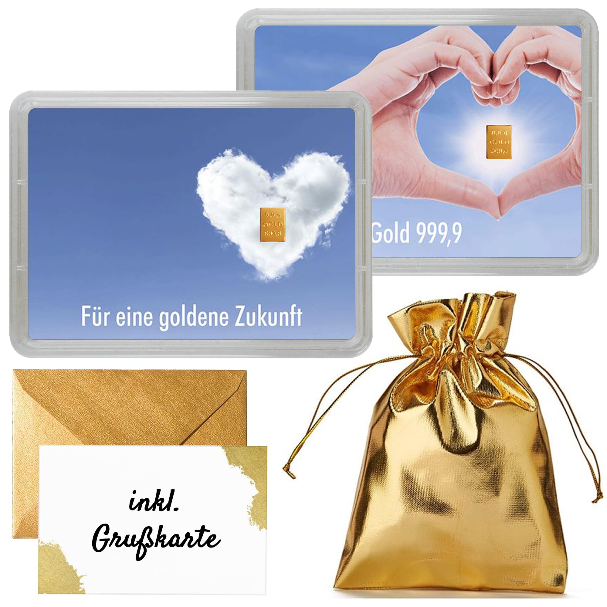 Gold verschenken - Goldbarren 0,5g in Geschenk Motivbox “Für eine goldene Zukunft” - Feingold - Echtheitsgarantie