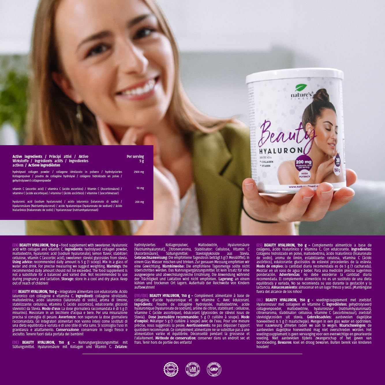 Nature's Finest Beauty Hyaluron - Collagene con Acido Ialuronico 200mg per Dose - Collagene Premium Complex e Vitamina C, Integratori per Pelle Flaccida, Capelli e Unghie