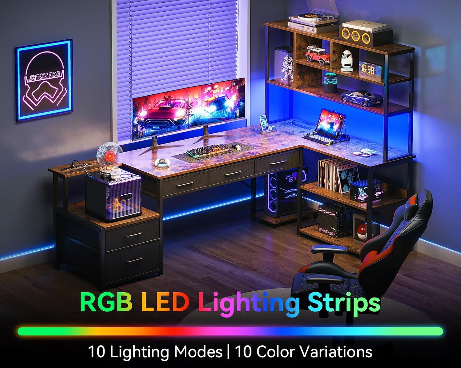 AODK 79 inch L Shaped Desk with 5 Drawers, Reversible L Shaped Gaming Desk with LED Light & 2 Power Outlets, Computer Desk with Storage Shelves for Home Office, Vintage Vintage 79 inch