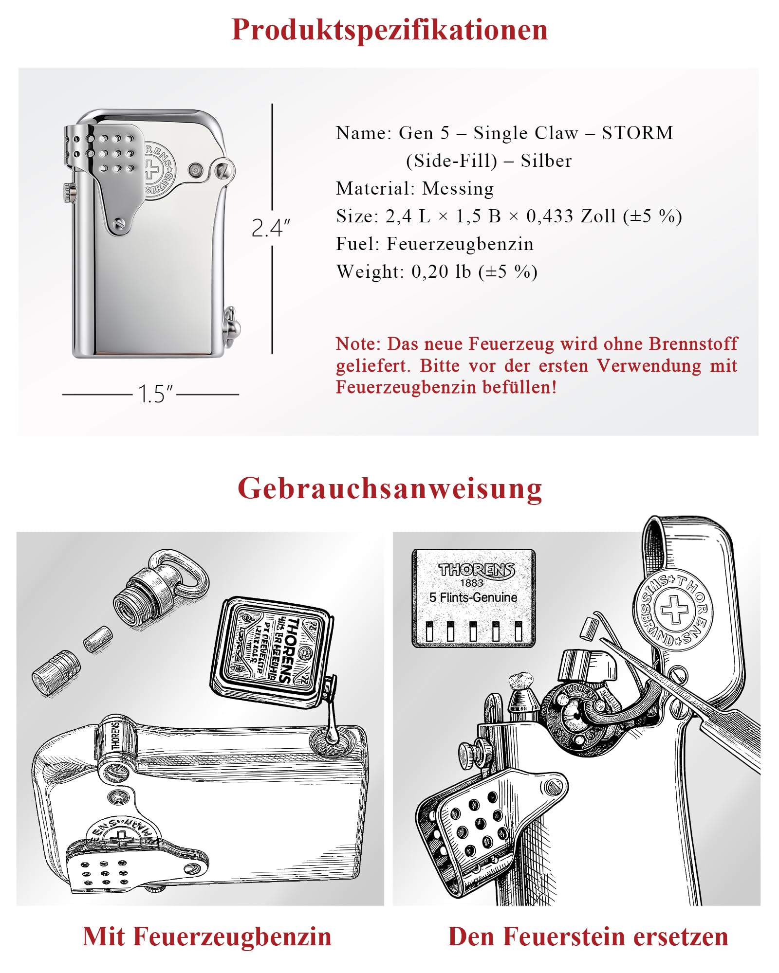 THORENS Gen 5 - Single Claw - Storm(Side-Fill)- Silver Sturmfeuerzeug | Messing, Benzin, Vintage, Retro, nachfüllbar, Softflame, Autozündung, Camping, Sammlergeschenk für Ehemann, Vater, Freund