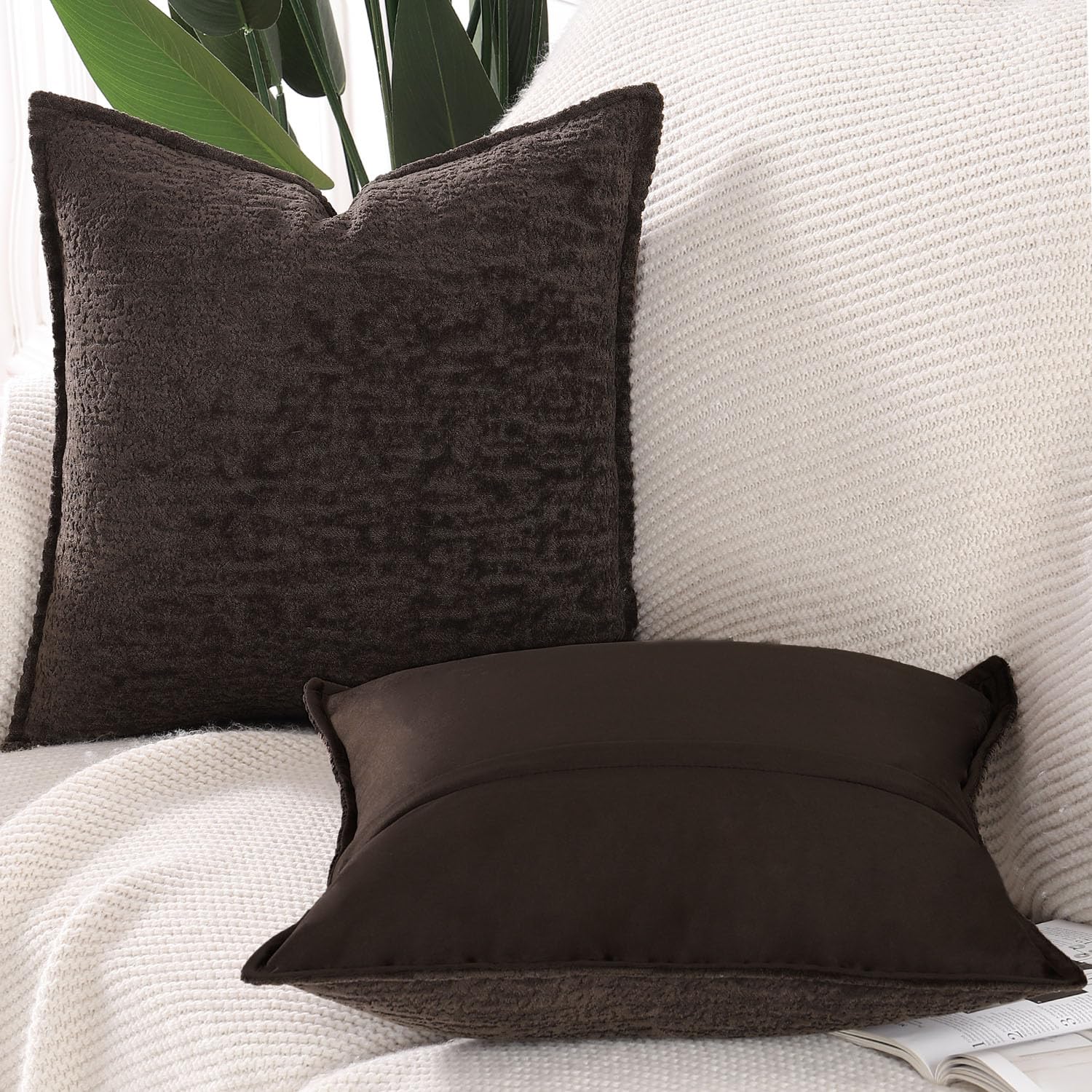 Madizz Pack of 2 Chenille Velvet Cushion Covers 40x40 cm Dark Taupe Soft Neutral Decorative Throw Pillow Covers Accent Boho Pillowcases for Couch Sofa Modern Farmhouse Home Decor - Image 2