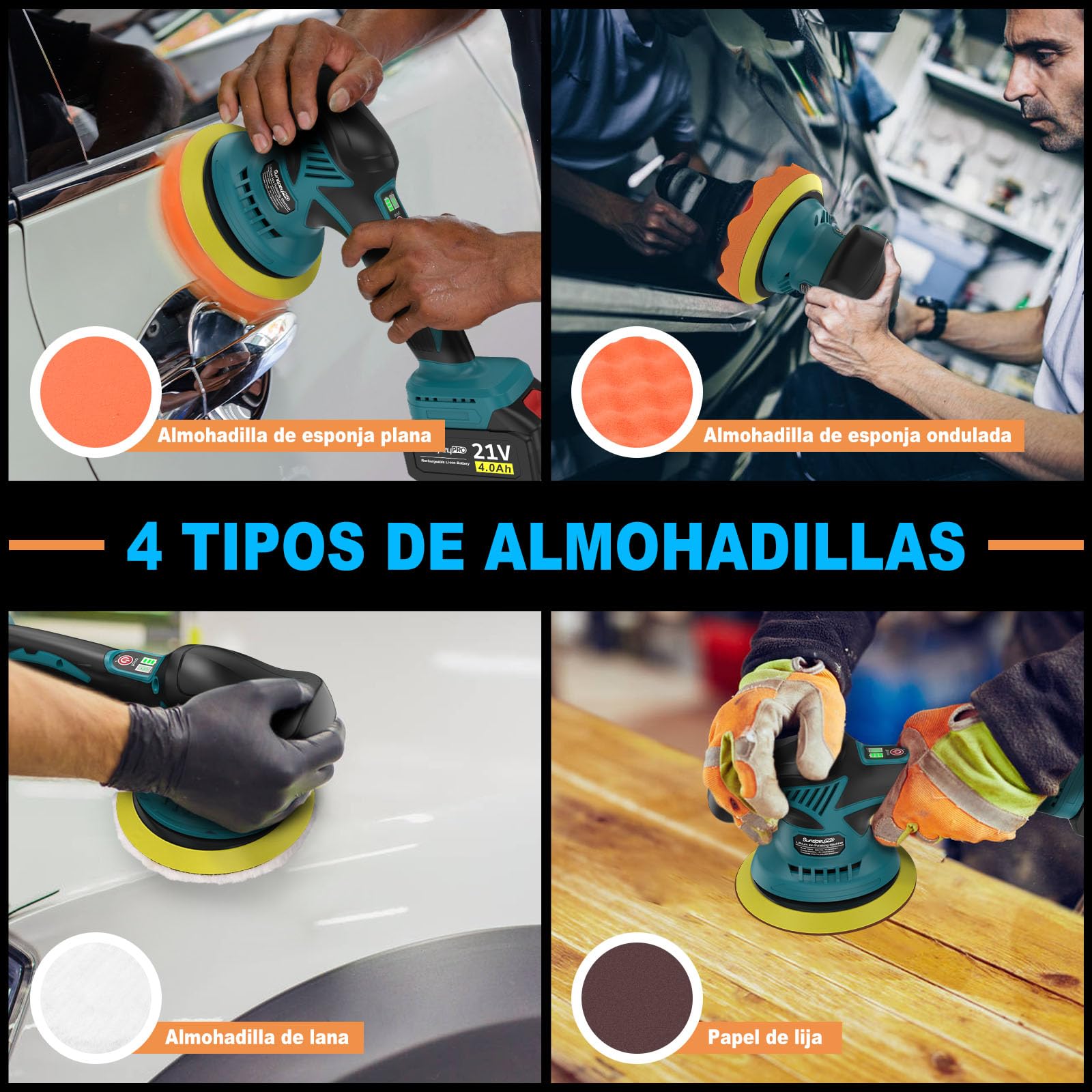 Pulidora Coche Inalambrica - 21V Pulidora Orbital Coche con 2 Baterías 4000mAh, 8 Velocidades Variables, 6000RPM, Pulidora Coche para Pulir, Encerar y Eliminar Arañazos del Coche