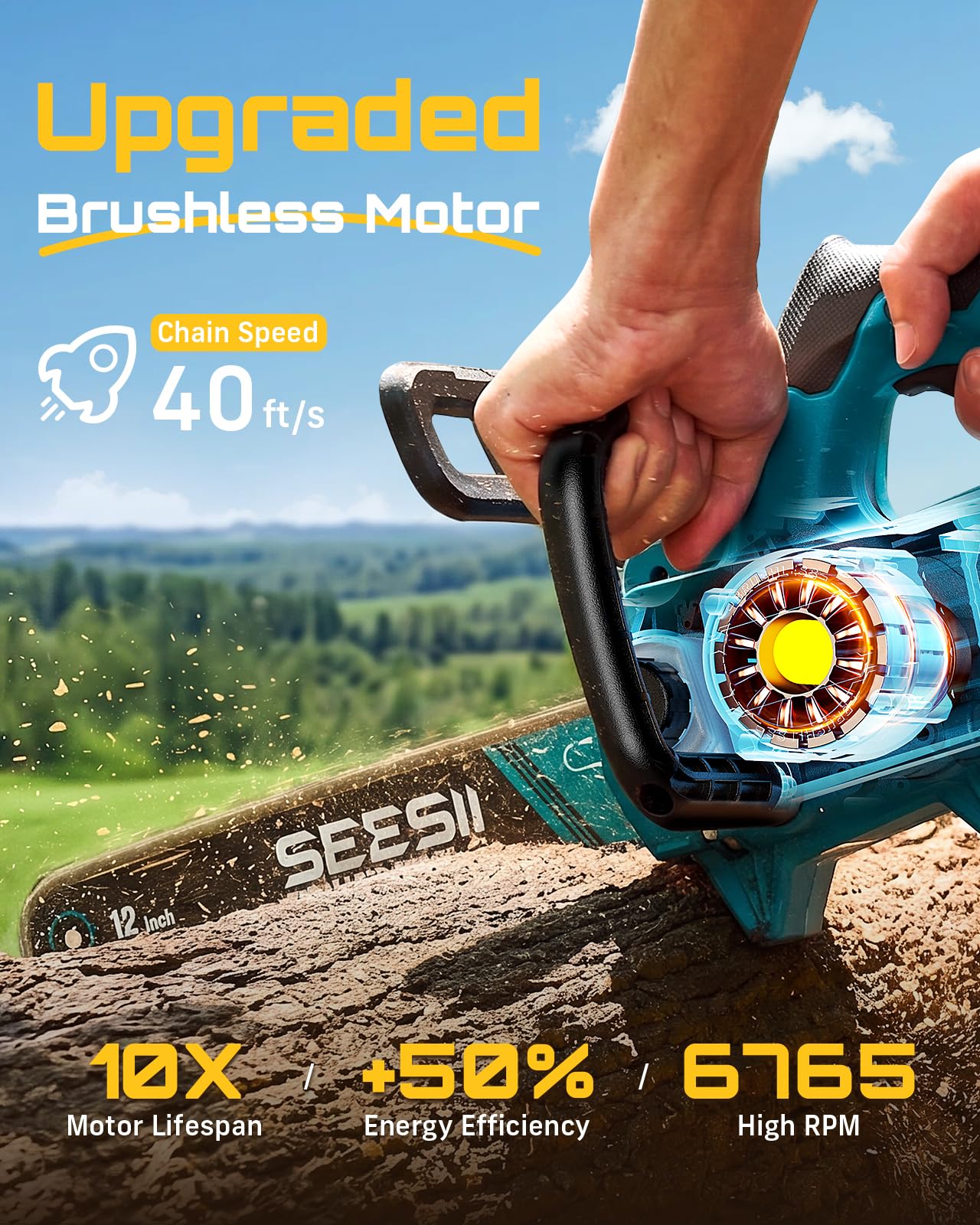 SEESII 12-calowa akumulatorowa piła łańcuchowa 1200 W, bezszczotkowa elektryczna piła łańcuchowa z 2 bateriami 4 Ah i ładowarką, automatycznym olejarem, naprężeniem łańcucha bez użycia narzędzi