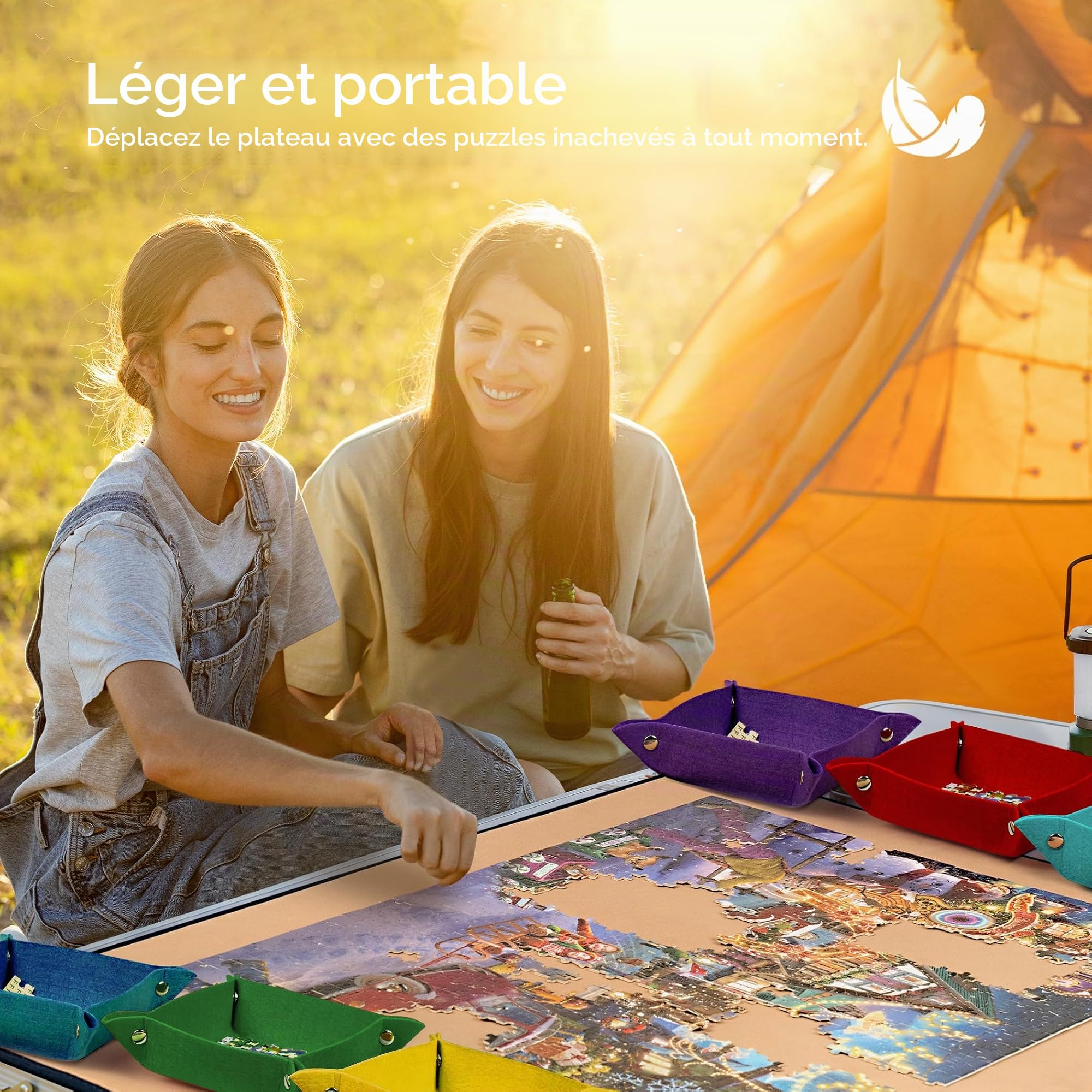 Tektalk Planche puzzle avec 6 plateaux de tri de couleurs - Tapis puzzle portable avec surface antidérapante, couvercle anti-poussière pour le rangement - Jusqu'à 1500 pièces - Kaki