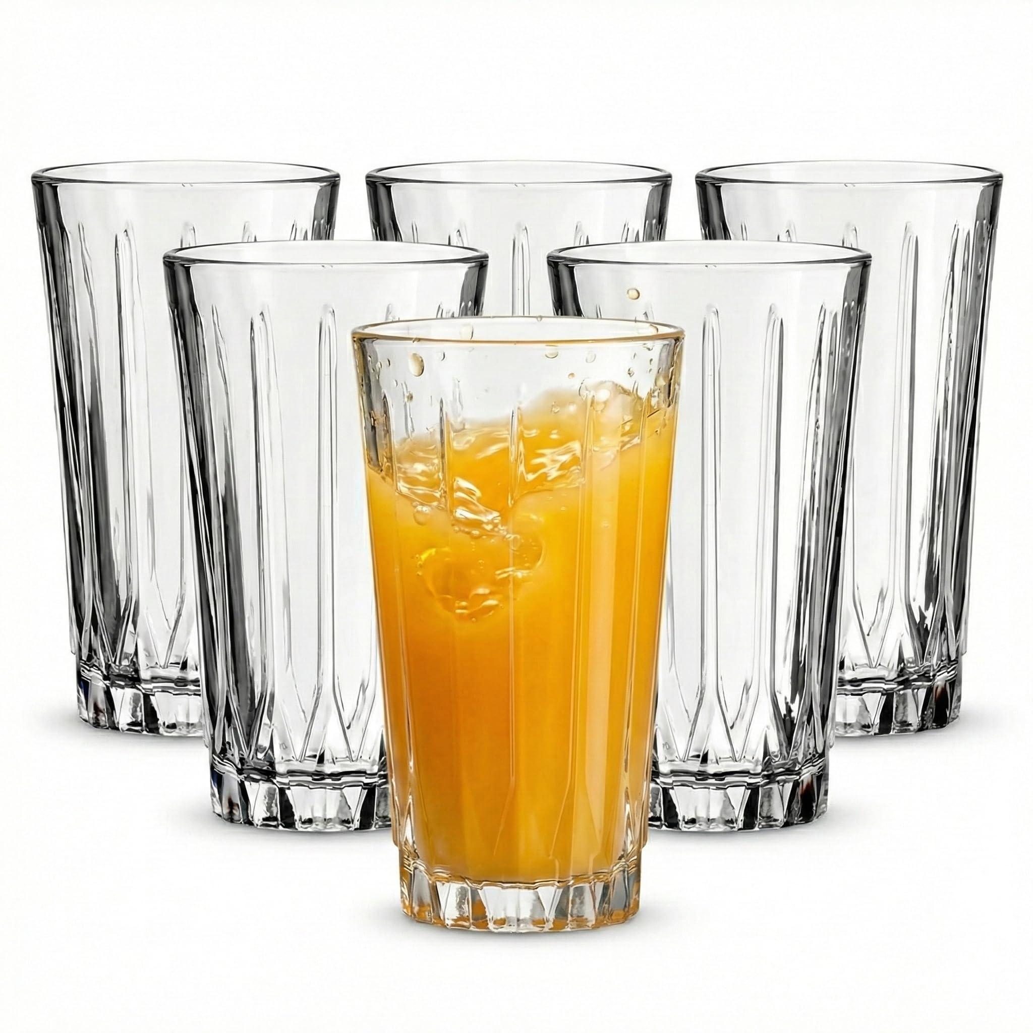Ribbed Glass Tumbler Set of 6 11 5 oz Highball Drinking Glasses for Water Juice and Cocktails Clear