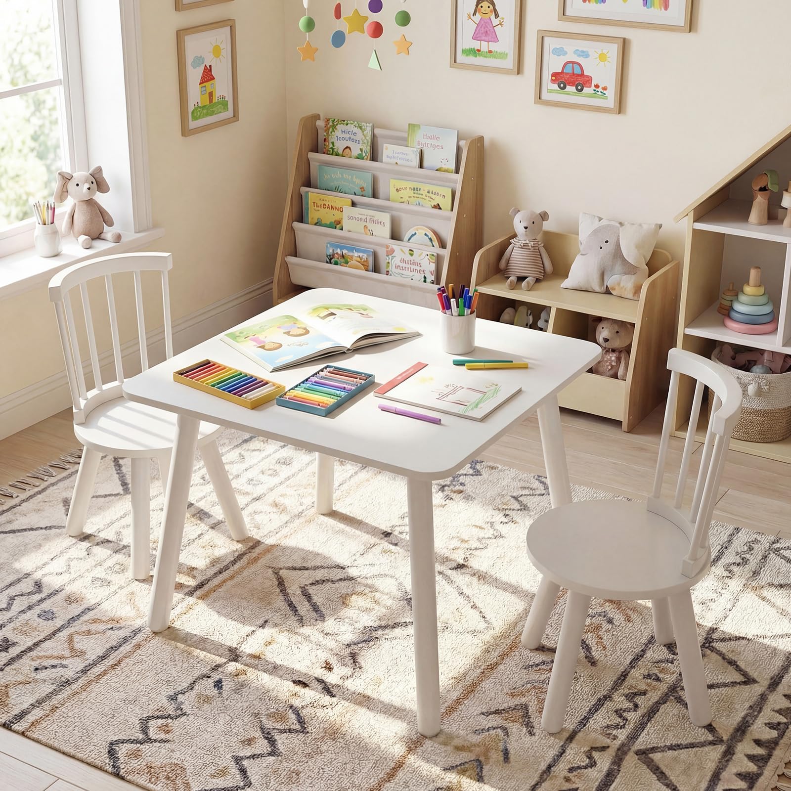 GOPLUS Table Enfant avec 2 Chaises, Table d'Activités Bebe avec Chaise Dossier Courbé et Assises Rondes, Pied en Bois de Pin, Petit Bureau Enfant pour Chambre, Maternelle (Blanc)