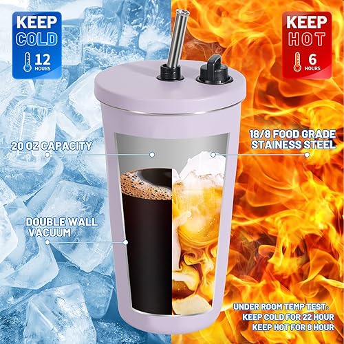 Miniatura 3 de MUCR Vaso de acero inoxidable de 20 onzas con tapa y popote, botella de agua aislada de doble pared, taza de café de viaje a prueba de fugas, taza