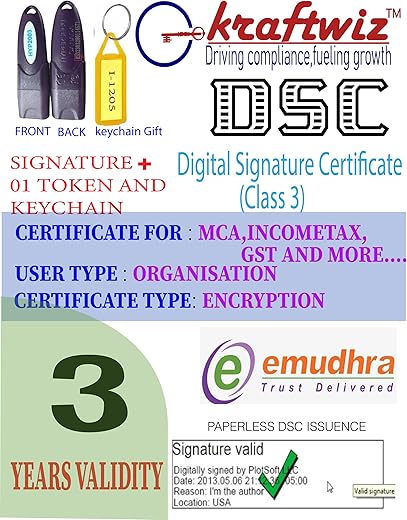 ORGANISATION- 3 YEAR’S VALIDITY- DIGITAL SIGNATURE(DSC), ENCRYPTED SIGN WITH TOKEN HYP2003- by KRAFTWIZ POWERED BY EMUDRA
