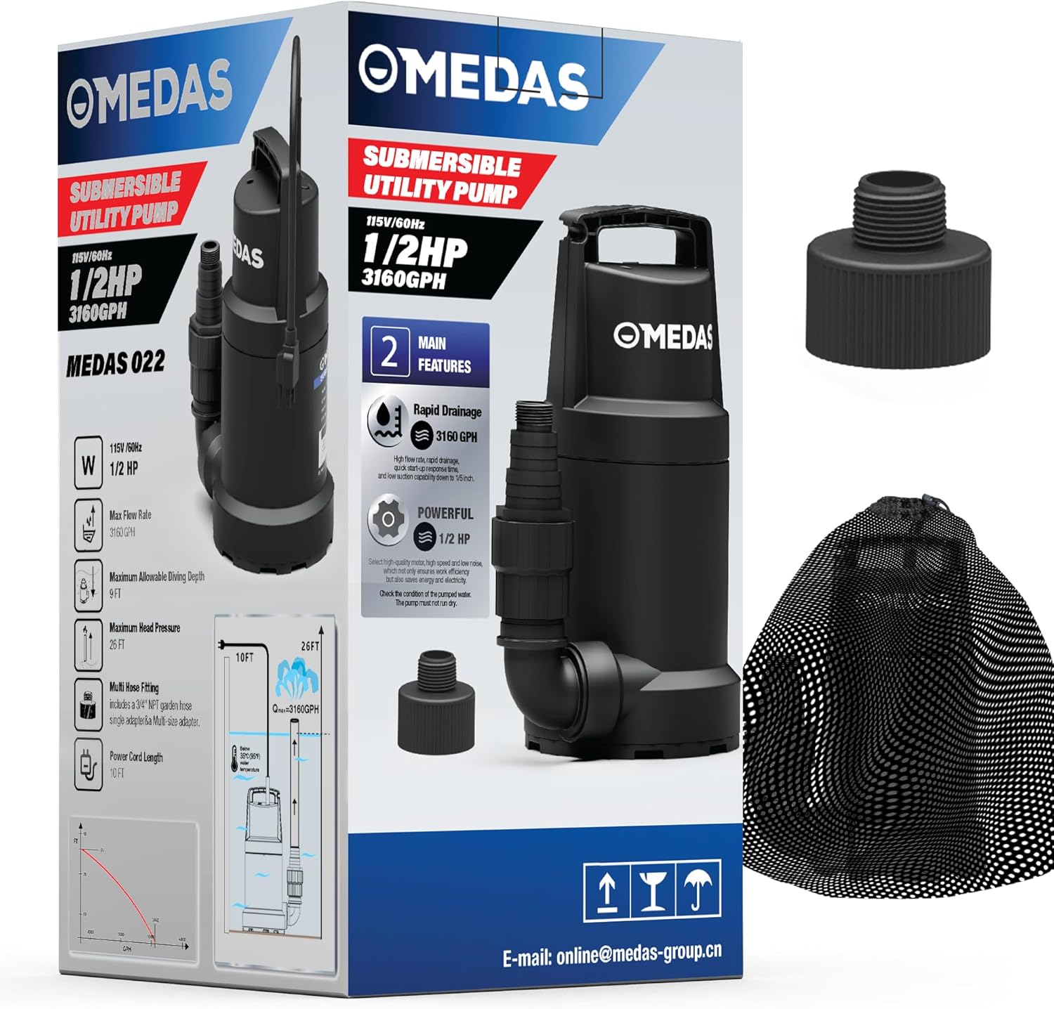 MEDAS Portable Sump Pump for Swimming Pool, Garden Pond, Basement Water Removal with 10ft Power Cord 1HP