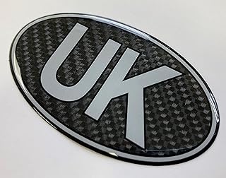 UK Car Oval 75mm CARBON FIBRE EFFECT Sticker/Decal - Retro - GLOSS DOMED GEL FINISH - Silver text on Carbon Fibre Effect Background