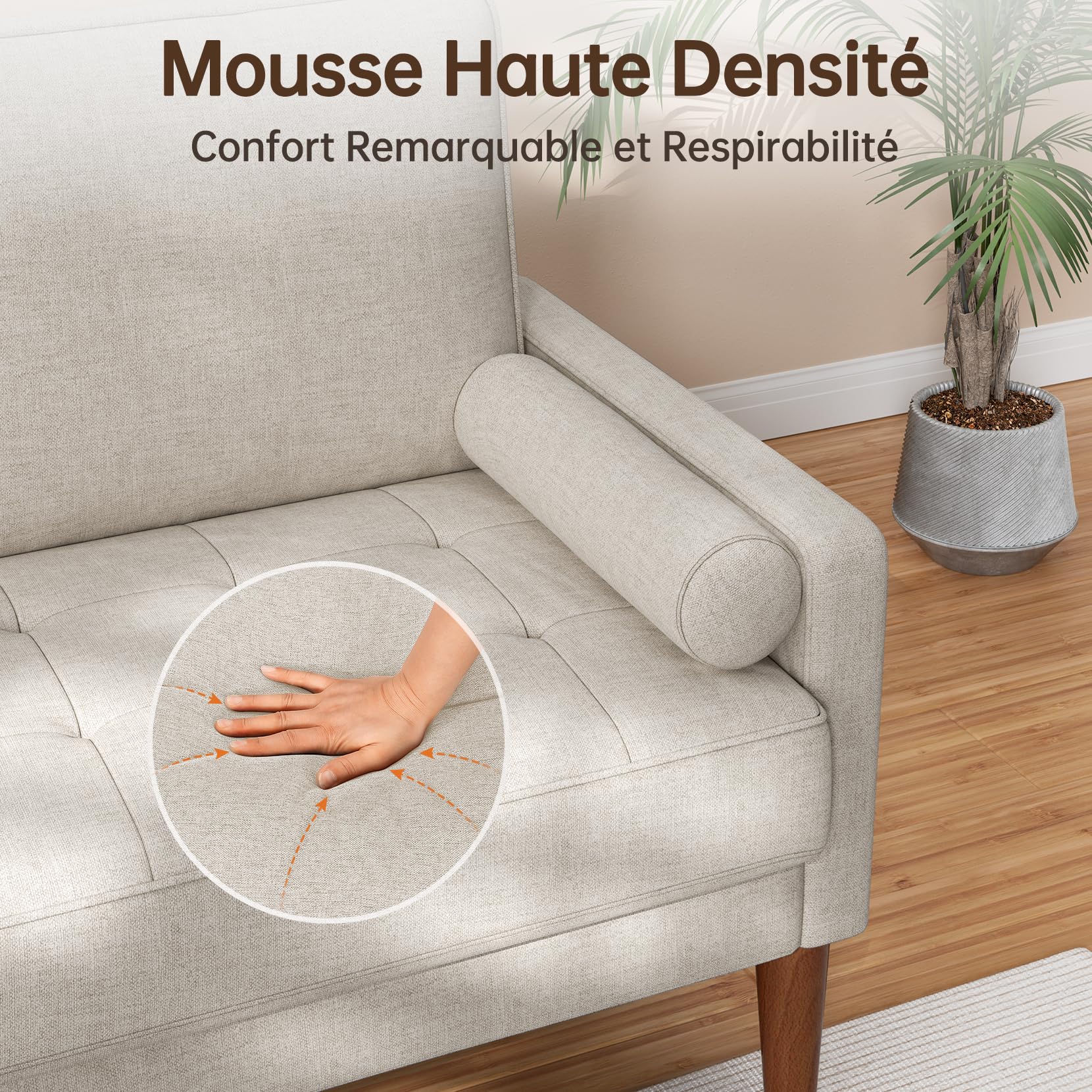 Vesgantti Petit Canapé 2 Places en Lin Ashbeige 121cm Coussin à Ressorts, Accoudoirs, Salon Moderne, Causeuse Fixe