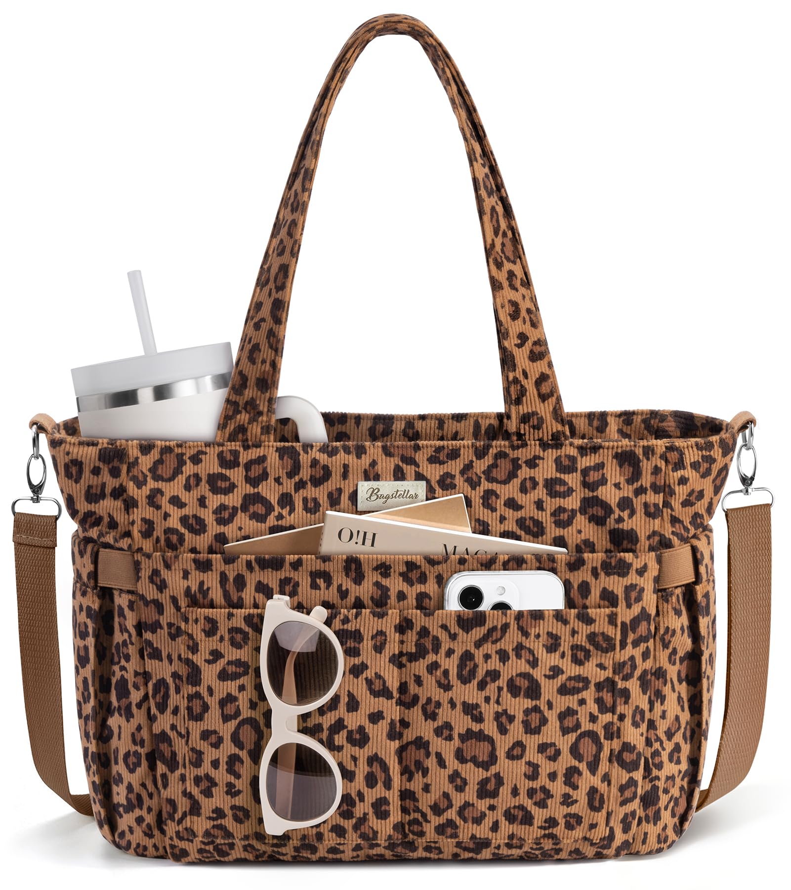 Bagstellar Corduroy Tote Bag for Women, 17 Pockets Laptop Work Tote Purse | Large 15.6” Computer Bag w/ 40oz Cup Holder & Strap, Zipper Teacher Nurse Bible Shoulder Bag for School Travel College Office Leopard