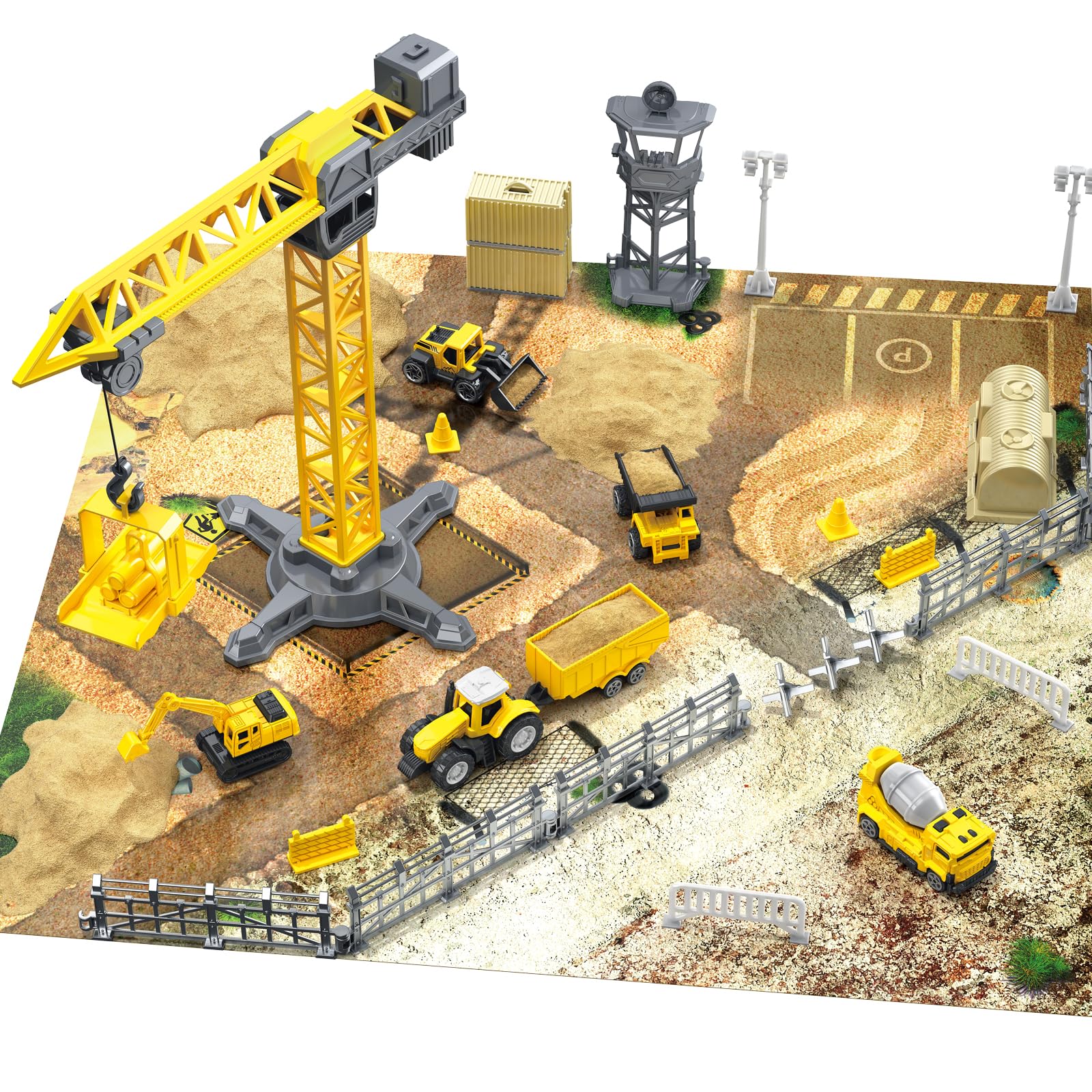 Maycoly Construction Vehicle Set Tower Crane Toy Sets Construction Scene Play Set with Excavator, Tipper Truck,Cement Mixer,Tractor,Rotating Crane,Storage Vehicle Carrier Construction Toys for Kid 3+