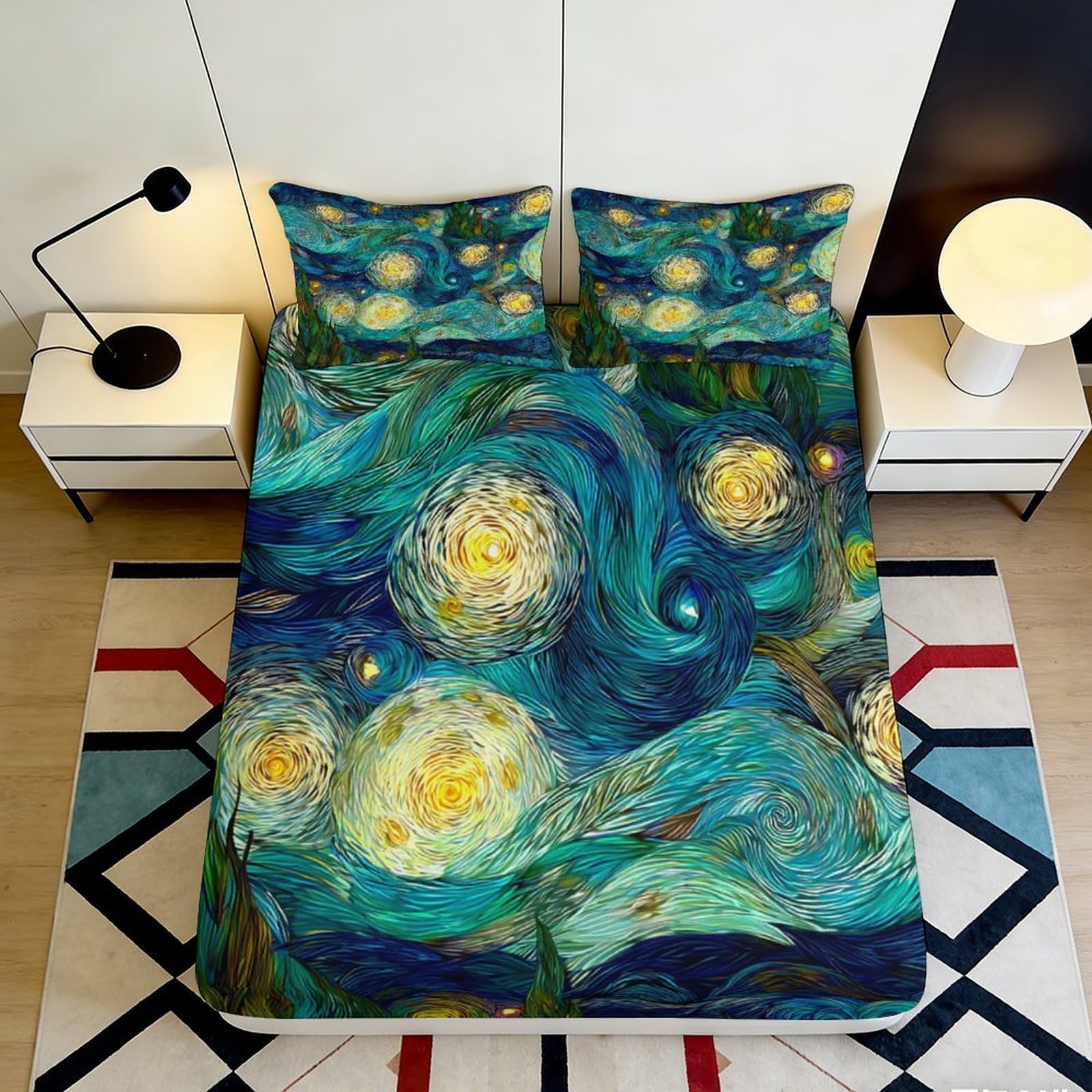 3D Printed Starry Sky Fitted Sheet Microfiber Anti-Slip Mattress Cover Swirl Night Bedroom Decor, Easy Care, Blue 90x200x25cm