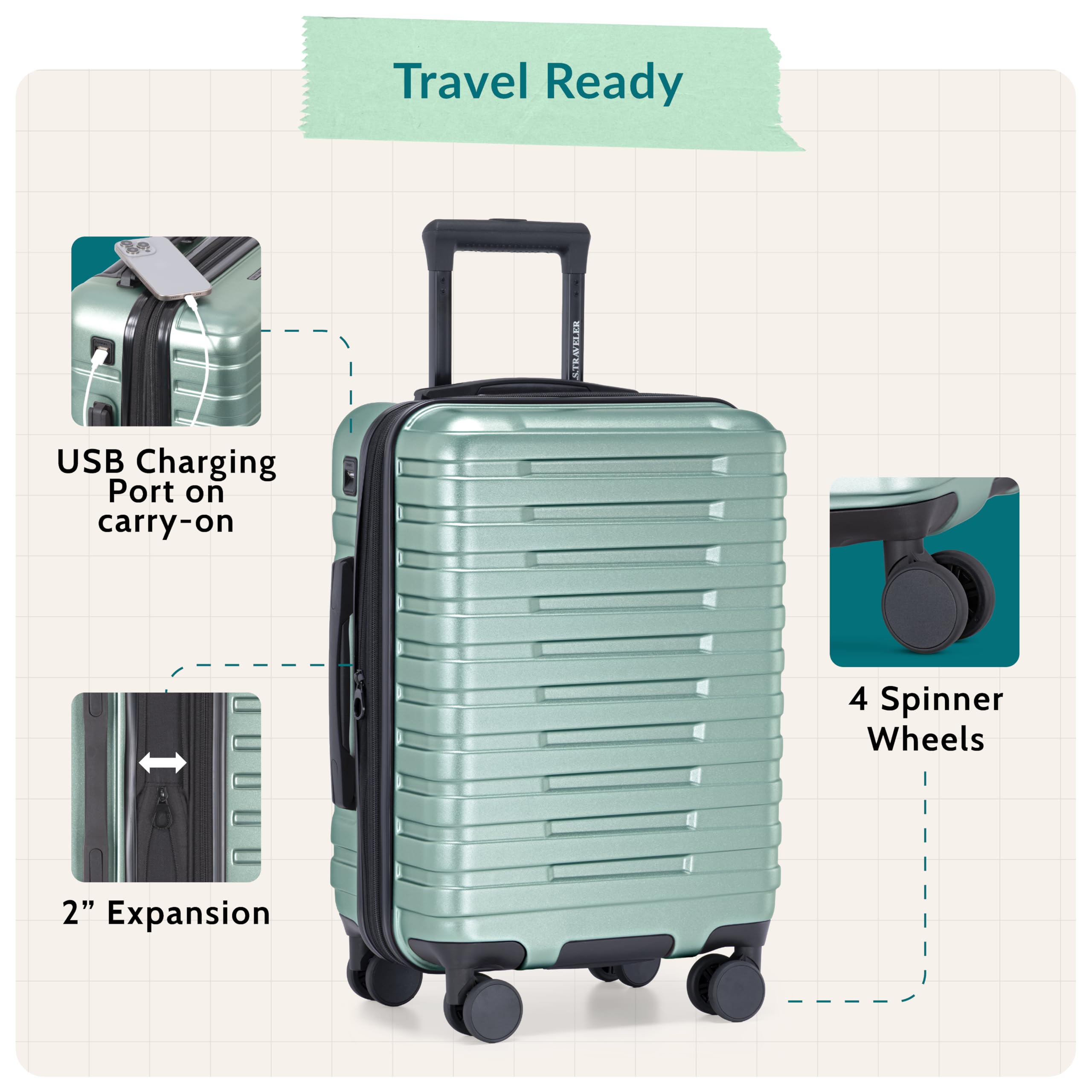 U.S. Traveler Boren - Equipaje de Viaje Resistente expandible con 8 Ruedas giratorias, Verde Lima metálico, Juego de 2 Piezas
