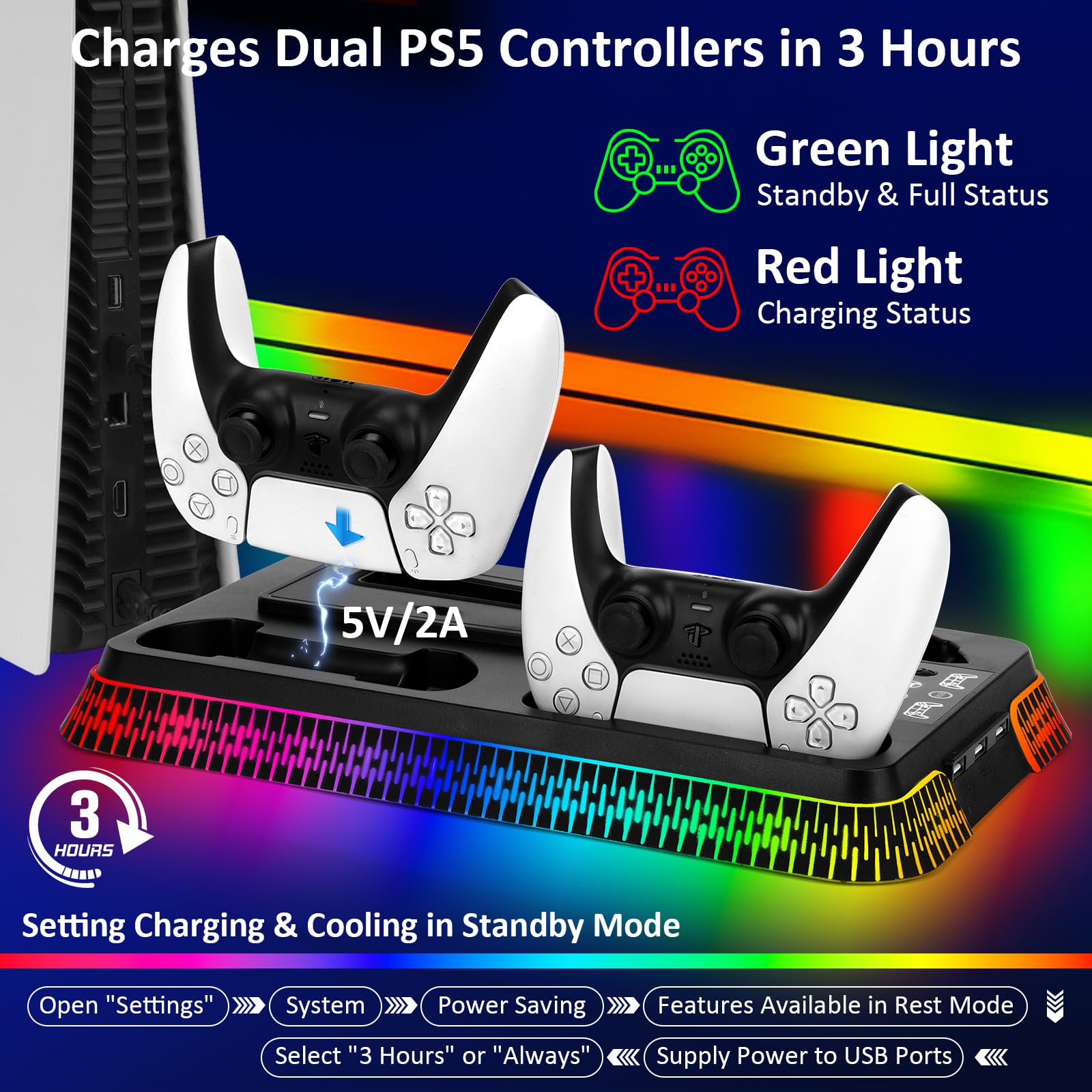 Supporto PS5 con Ventola di Raffreddamento & Luce RGB, Stazione di Ricarica Doppio Controller per PS5 & PS5 Slim Disc/Digital