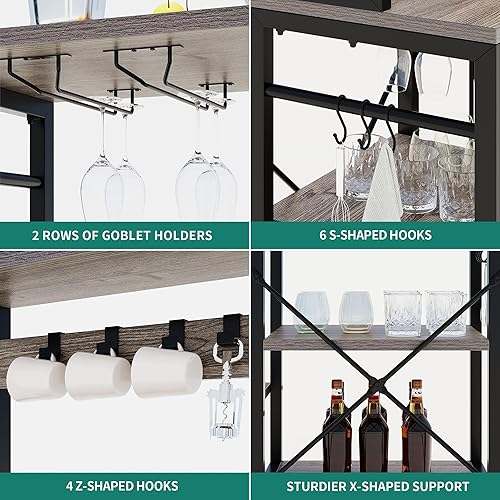 Miniatura 4 de Estante para panaderos de 6 niveles con estación de barra de café Power Soporte para copas de vino y soporte para horno de microondas, color gris,