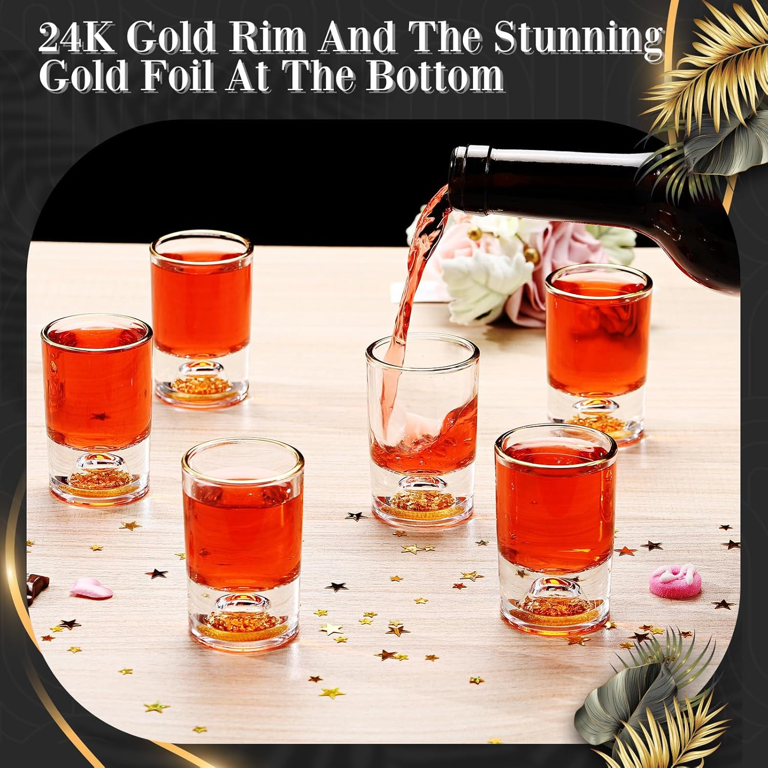 Baderke 6 Pcs Crystal Shot Glass Set, 1.7oz Diamond Shot Glasses Decorated With 24K Gold Leaf Flakes, Cute Crystal Cups for Gift Collection Decor - Image 5
