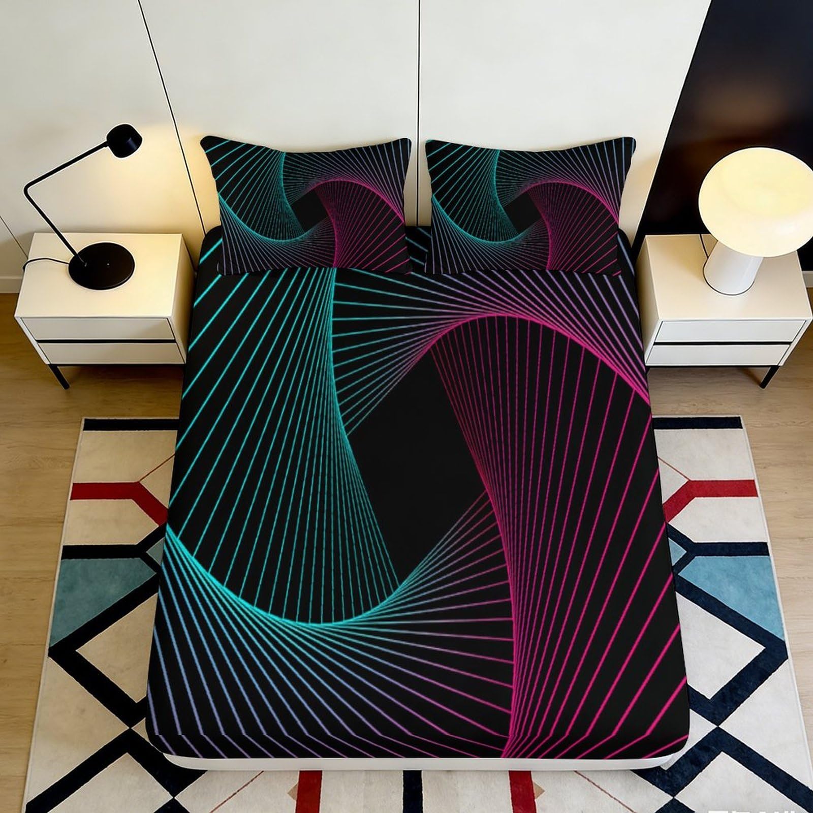 Jqzkxnhpbr Style-2 3D Printed Neon Wave Fitted Sheet Microfiber Soft Breathable Abstract Line Bed Cover For Bedroom Guest Room Decor 90X200x25cm