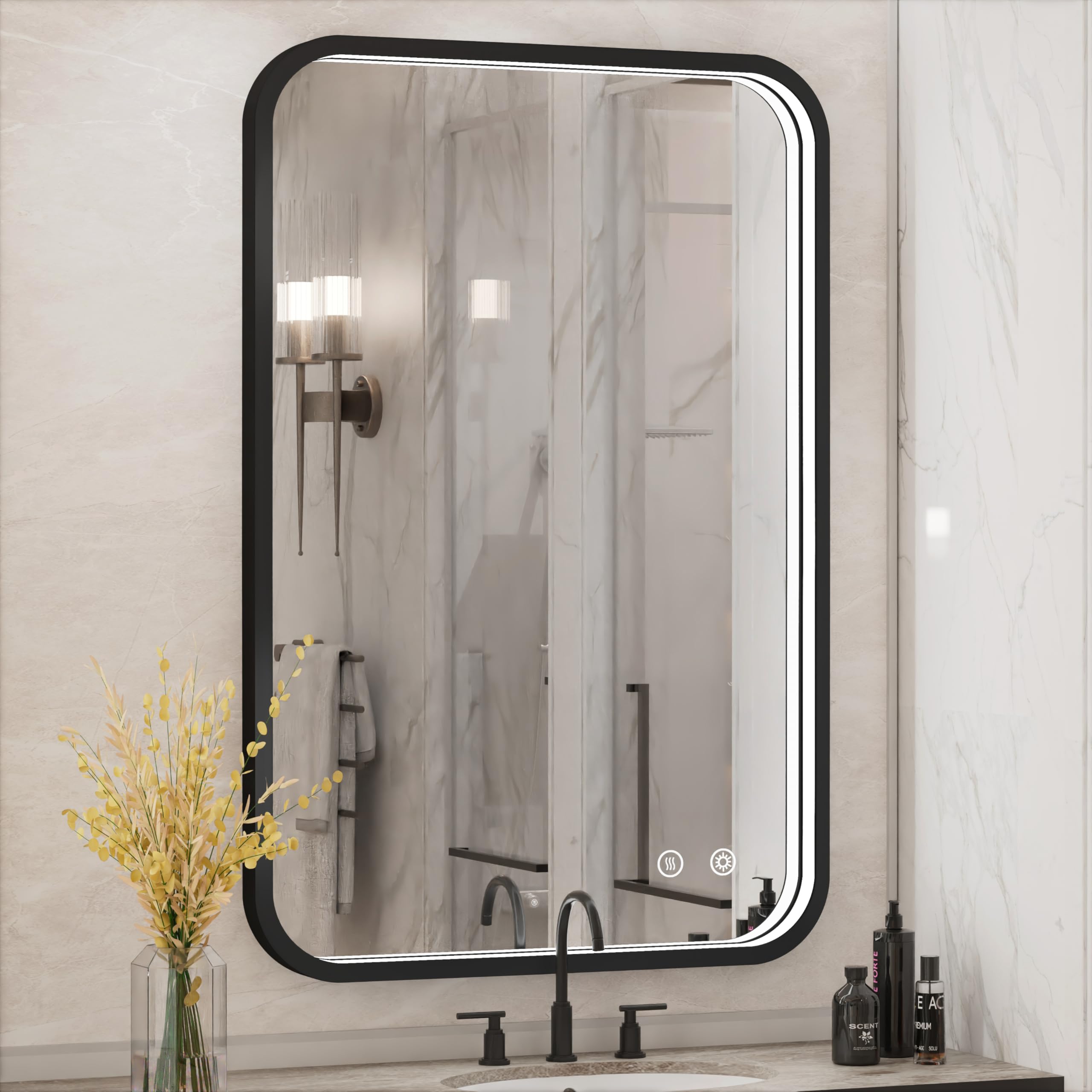 JSneijder 24x36 Inch LED Bathroom Mirror, 3000K/4500K/6000K Lights, Dimmable, Anti-Fog, ETL Listed, IP54 Waterproof, Memory, Black Aluminum Frame, Wall Mounted Lighted Vanity Mirror for Bathroom
