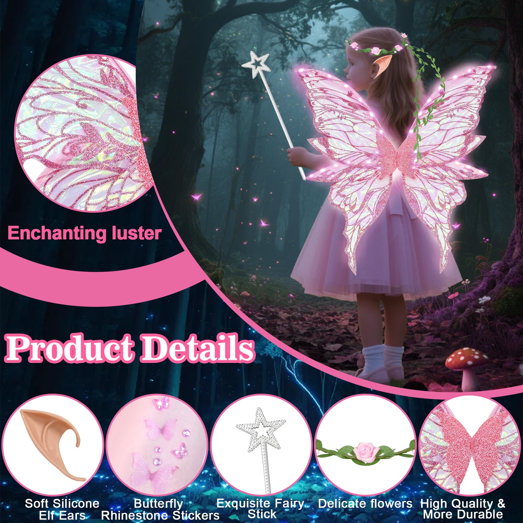 YeahBoom Fairy Wings LED Luminous with Elf Ears LED Fairy Headband and Star Wands Butterfly Wings Costume for Carnival Party - Image 3