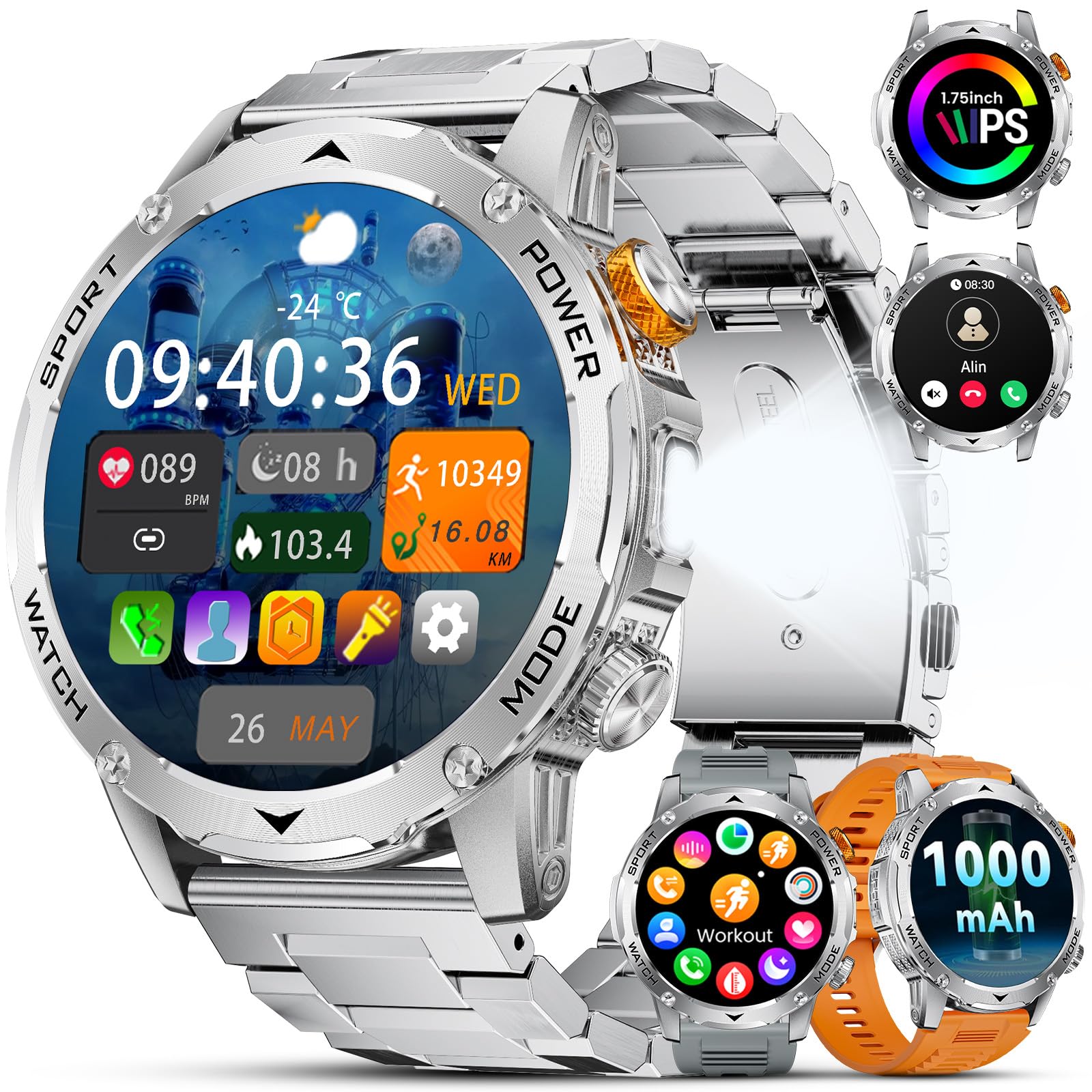 DREMAC Smartwatch Herren Militär-1000mAh Akku/1.75'' HD Große Display,Smartwatch mit Taschenlampe/Bluetooth Anrufe/130+ Sportmodi,IP68 Wasserdicht Fitnessuhr mit Herzfrequenz