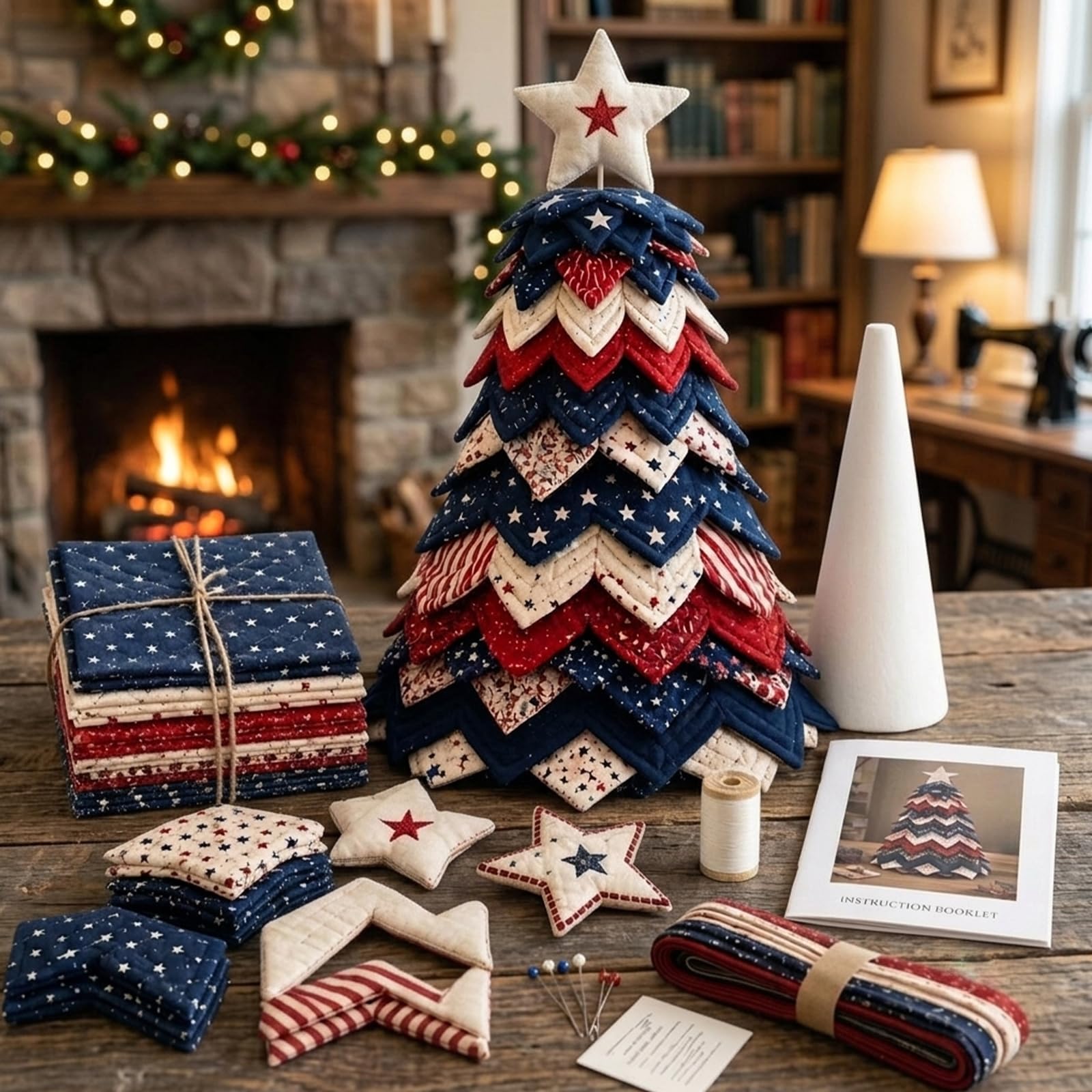 Americana Christmas Tree Quilt Kit, DIY Holiday Patchwork Sewing Kit (1 Pc)