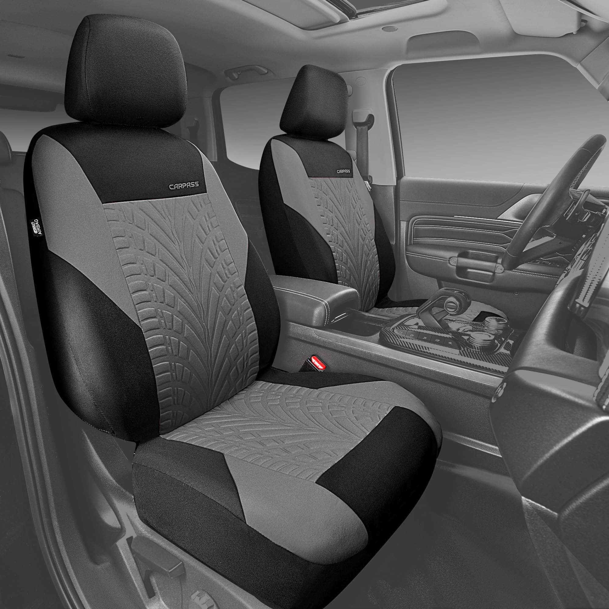 CAR PASS Fundas de Asiento de Coche, Asiento Delantero y Trasero Dividido para automóvil, Fundas Interiores con impresión de neumáticos en 3D, compatibles con Bolsa de Aire, configuración rápida