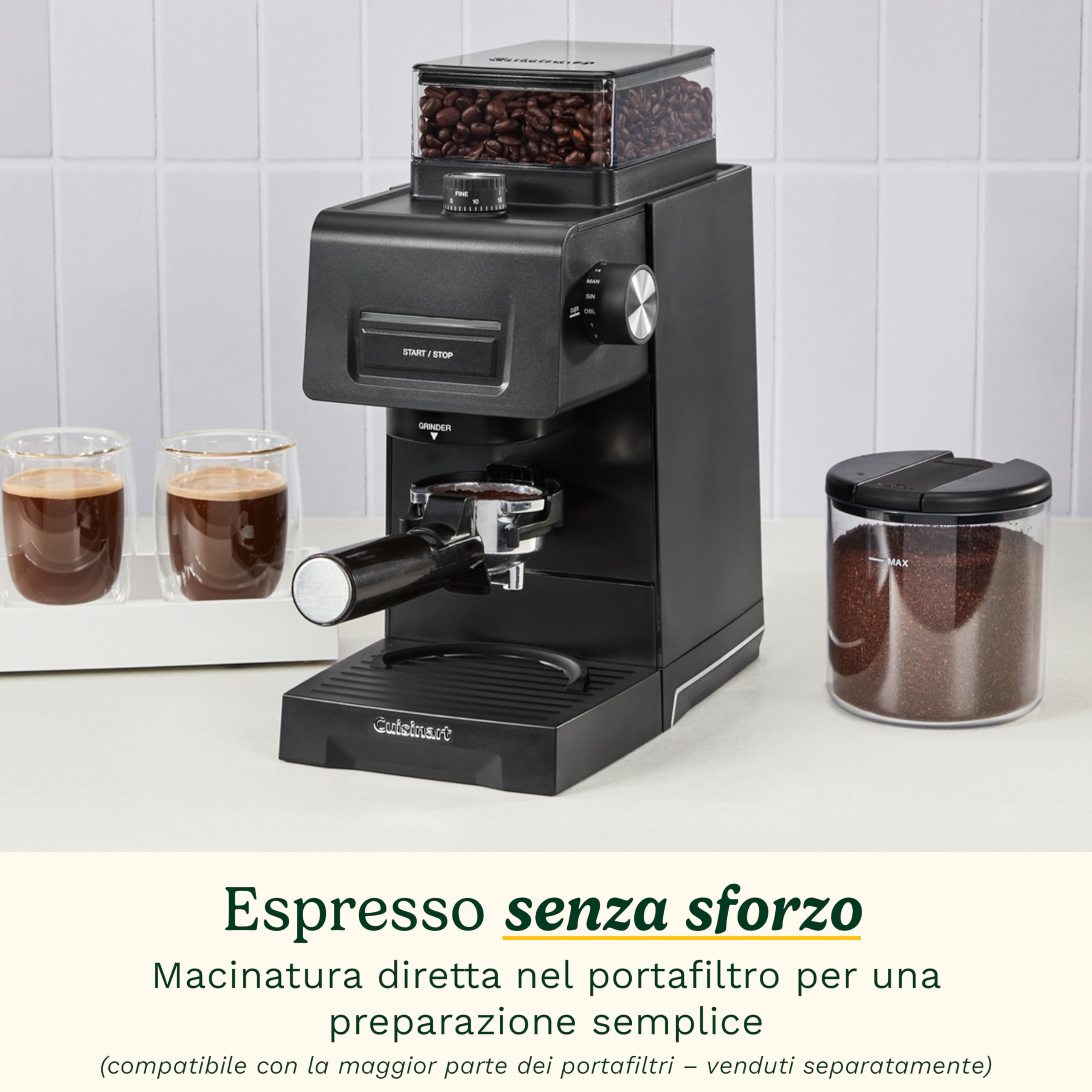 Cuisinart Macinacaffè elettrico ed espresso a macine coniche | 35 impostazioni | Contenitore 225 g | Compatibile portafiltro | Selettore 1–14 tazze | Include misurino e spazzola