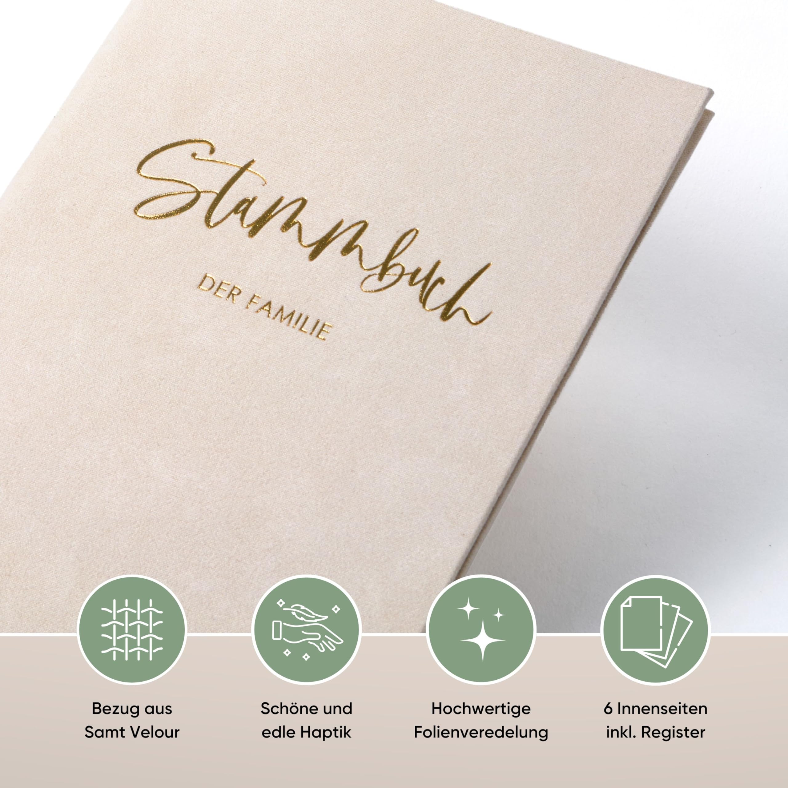 Libro di famiglia per matrimonio, beige, grigio oro, velluto, realizzato a mano, con pagine interne prestampate, formato DIN A4