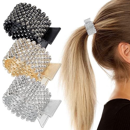 Noverlife 3 pinzas para el pelo con diamantes de imitación para cola de caballo alta, pequeñas pinzas de metal para el pelo de tiburón para cabello