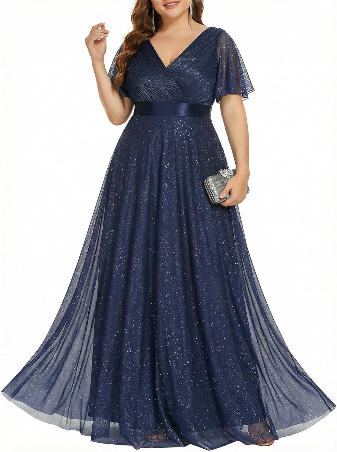 Ever-Pretty Plus Women's Glitter Plus Size Formal Dress Evening Gown V-Neck Short Sleeve Floor Length Mother of Bride Dresses