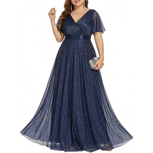 Ever-Pretty Plus Women's Glitter Plus Size Formal Dress Evening Gown V-Neck Short Sleeve Floor Length Mother of Bride Dresses