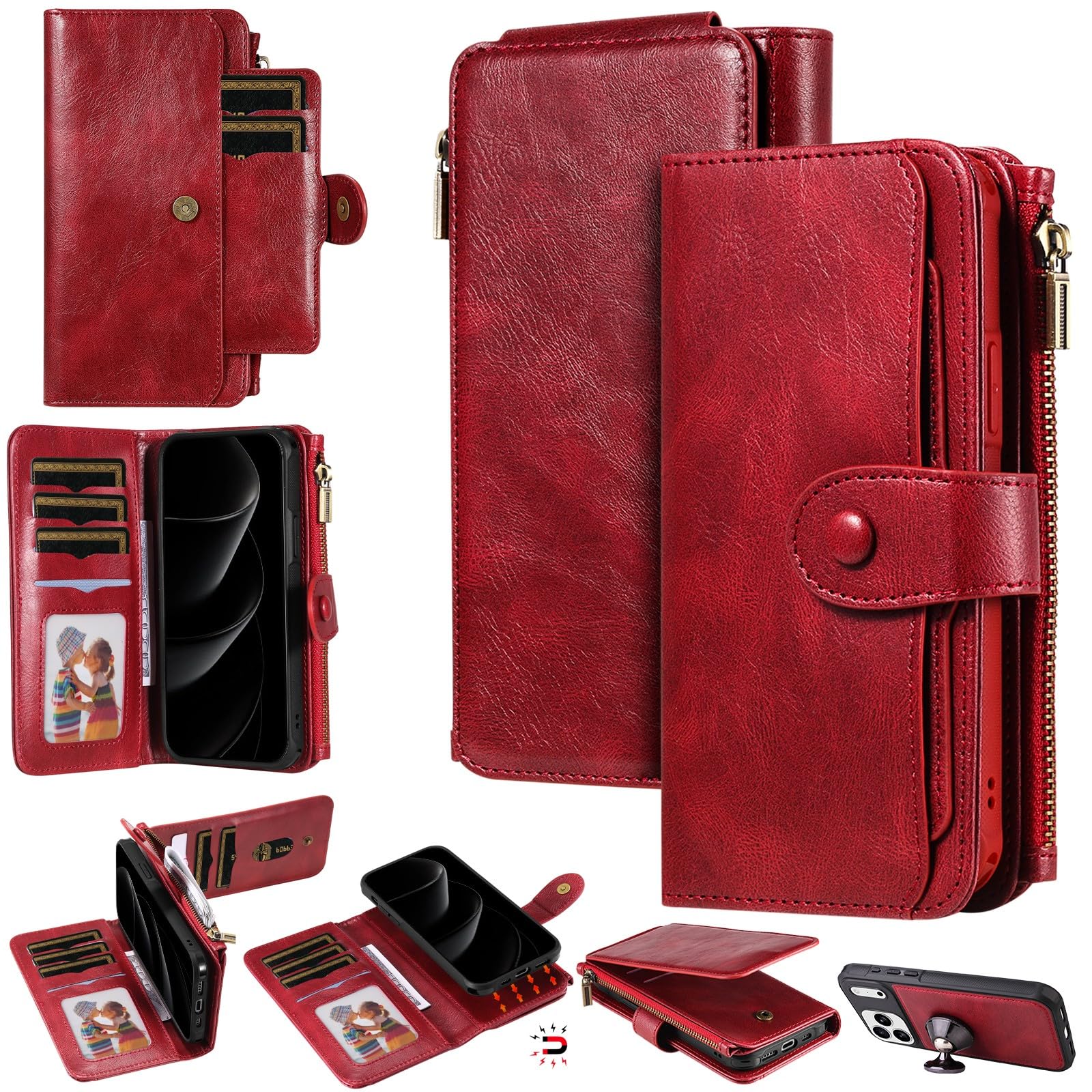 Coque portefeuille iPhone 16 Plus rouge en cuir pour voyager léger sans sac - 8